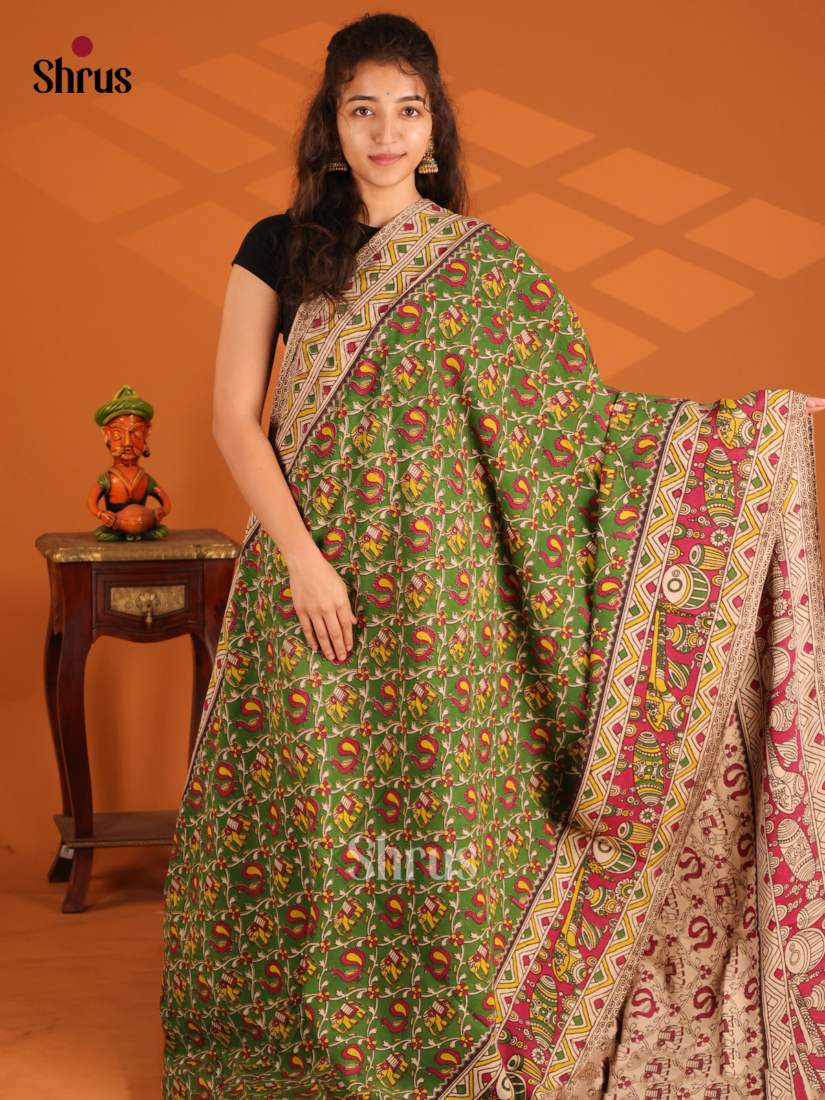 Green & Red - Kalamkari cotton saree - Shop on Shrus.com