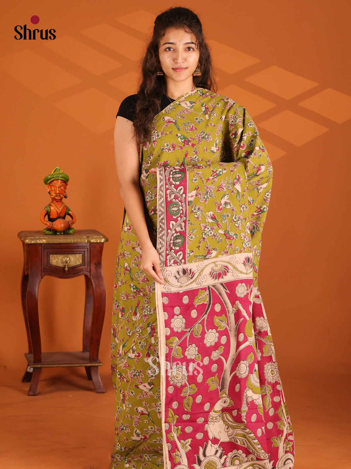 Lite Green & Red - Kalamkari cotton saree - Shop on Shrus.com
