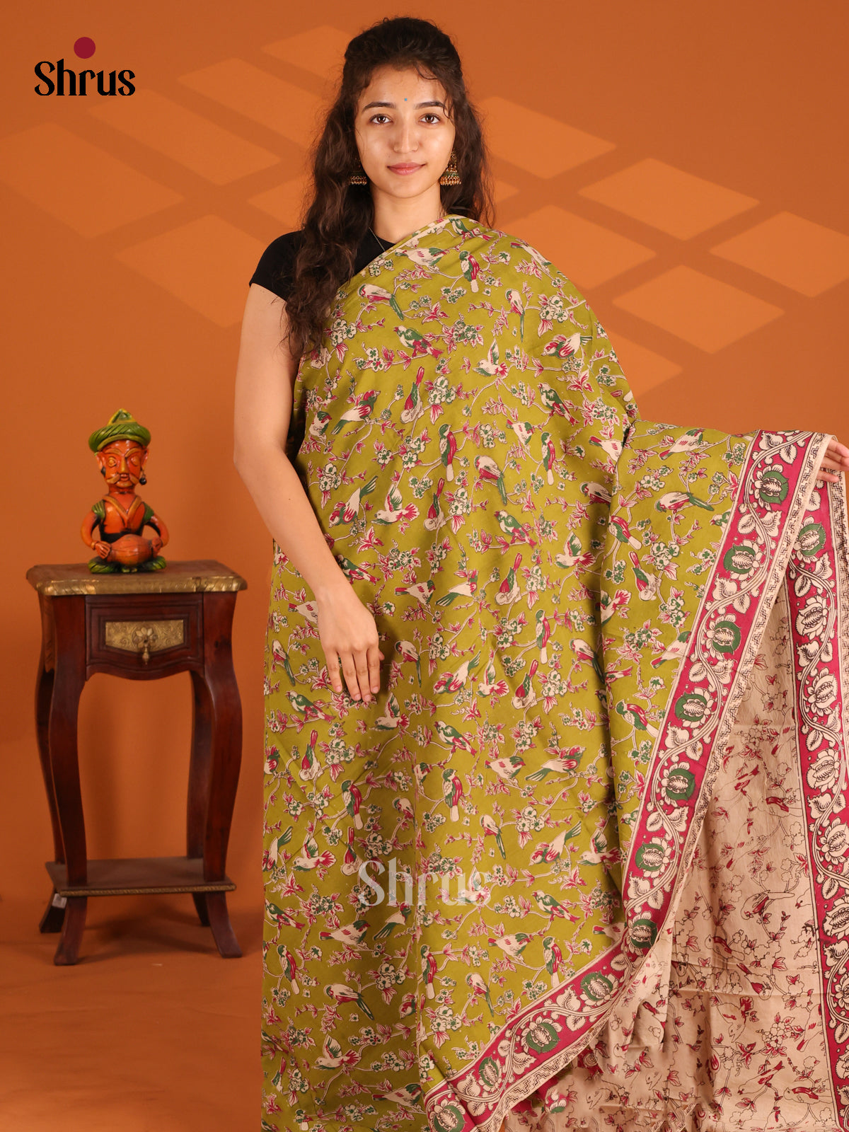 Lite Green & Red - Kalamkari cotton saree - Shop on Shrus.com