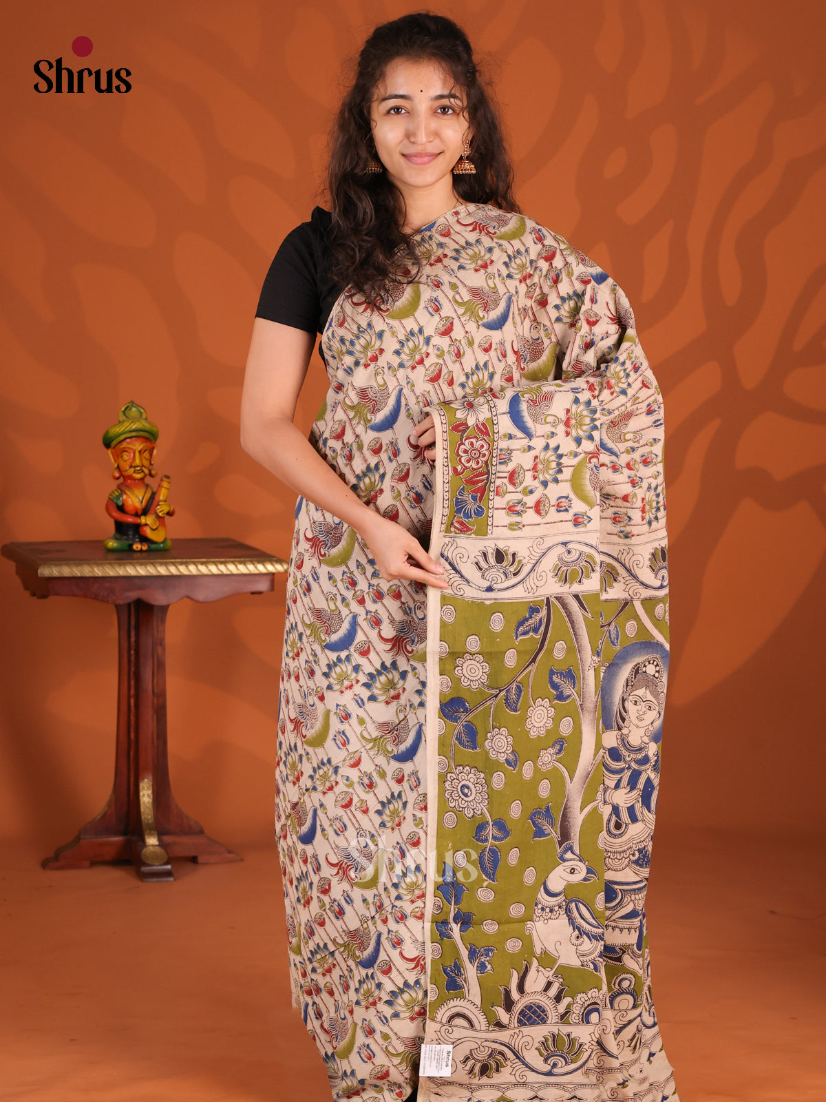 Cream & Green- kalamkari-cotton Saree - Shop on Shrus.com