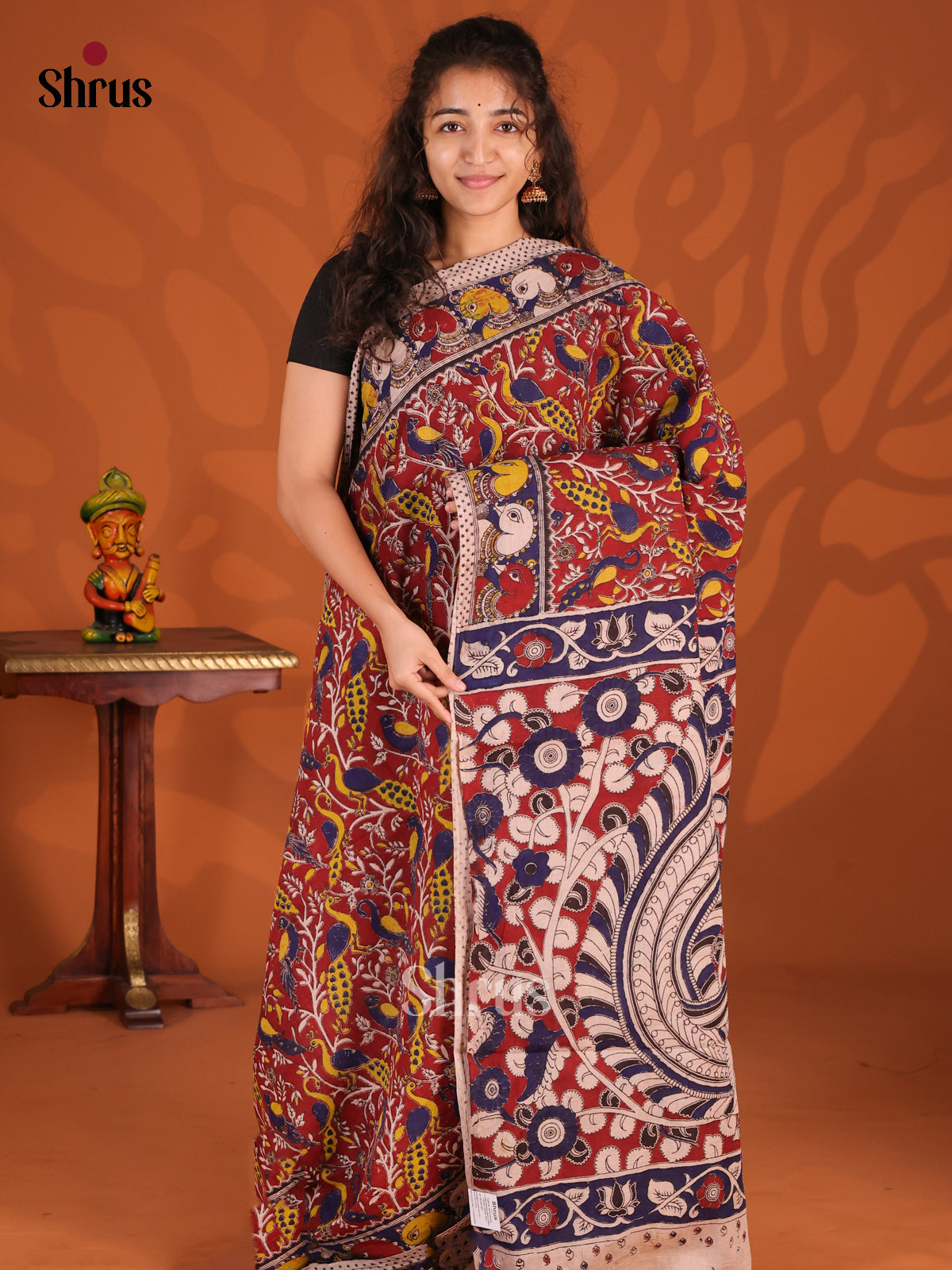 Maroon & Blue- kalamkari-cotton Saree - Shop on Shrus.com