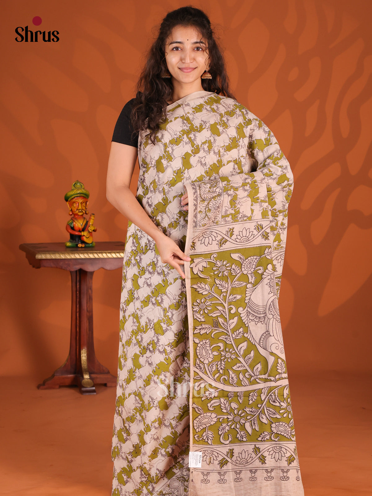 Green & Cream- kalamkari-cotton Saree - Shop on Shrus.com