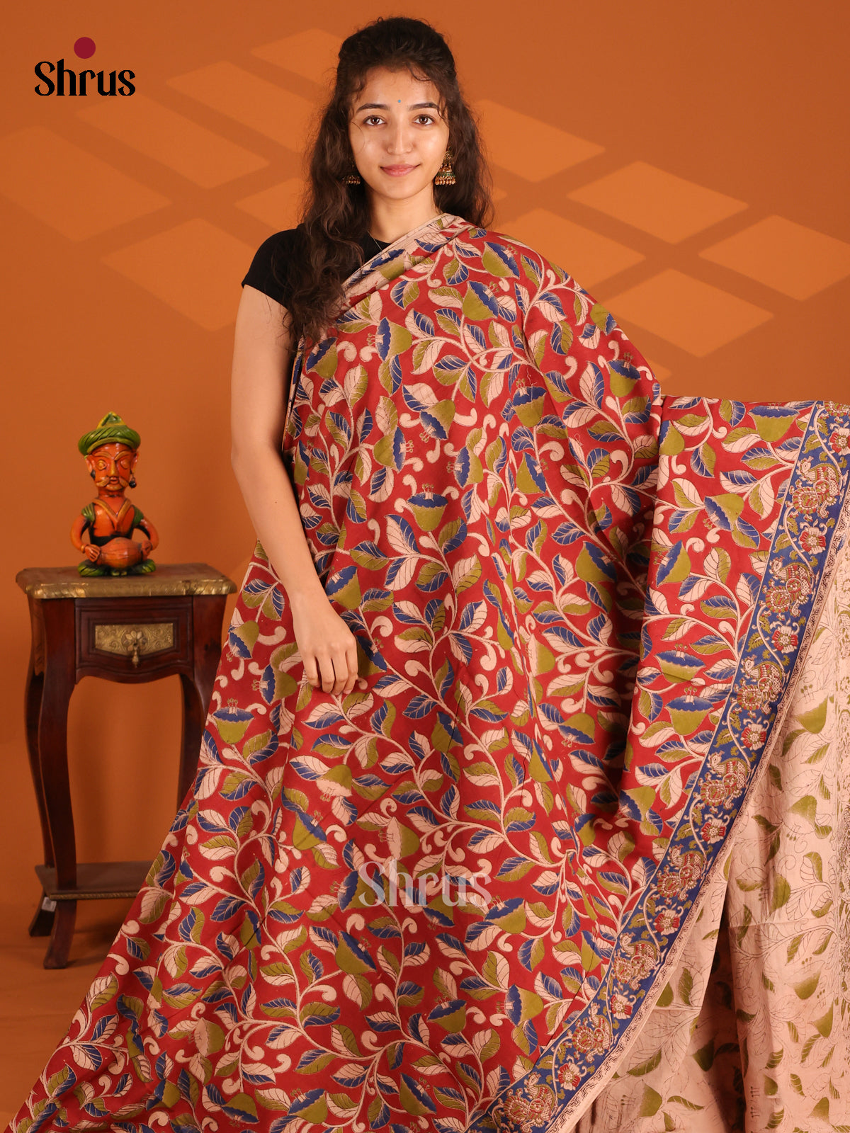 Red & Green- Kalamkari cotton saree - Shop on Shrus.com
