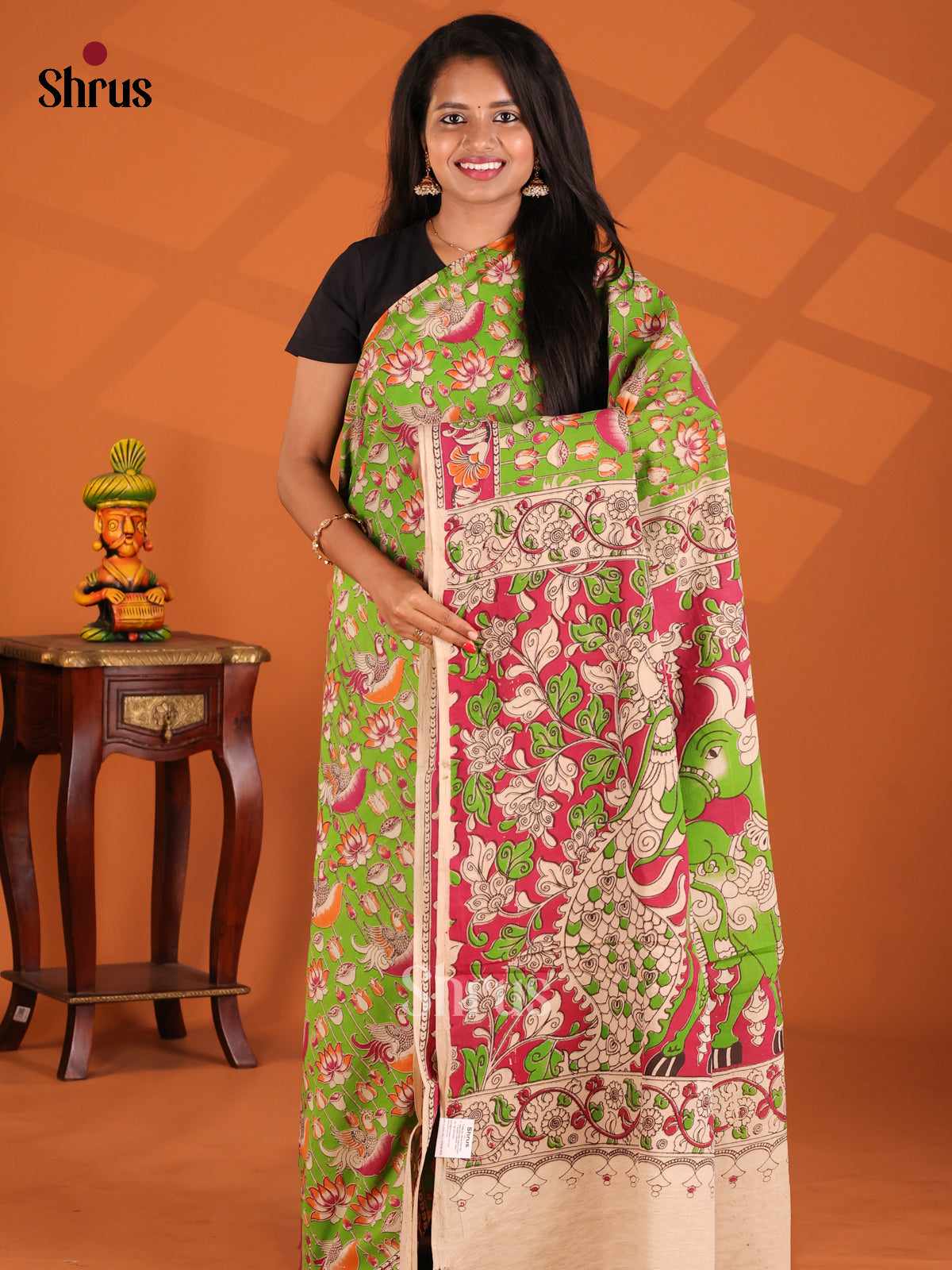 Light Green & Pink - kalamkari-cotton Saree - Shop on Shrus.com