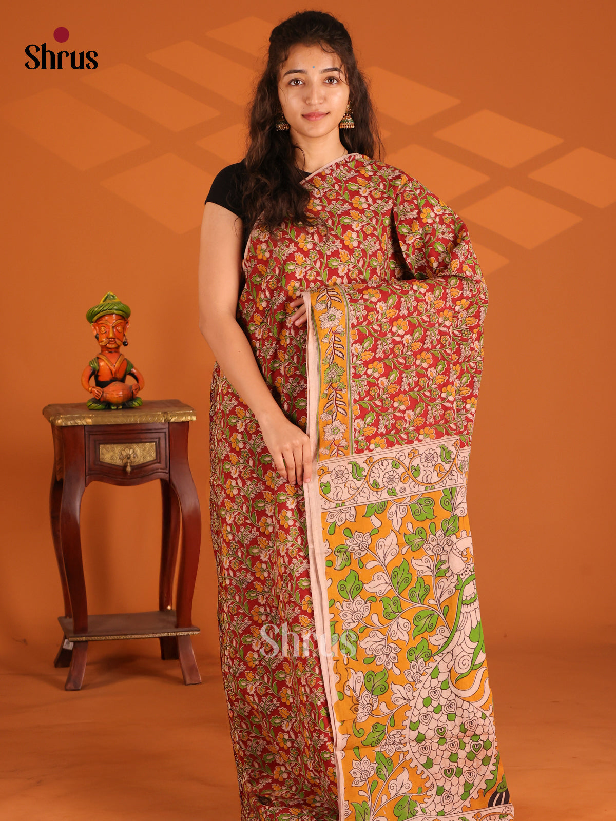 Red & Mustard - Kalamkari cotton saree - Shop on Shrus.com