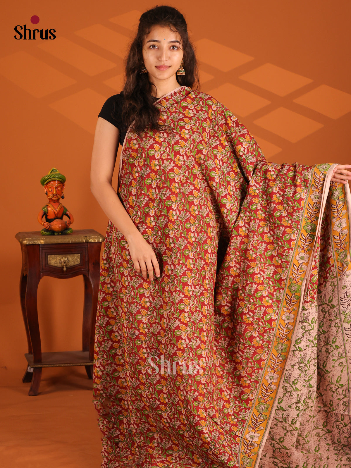 Red & Mustard - Kalamkari cotton saree - Shop on Shrus.com