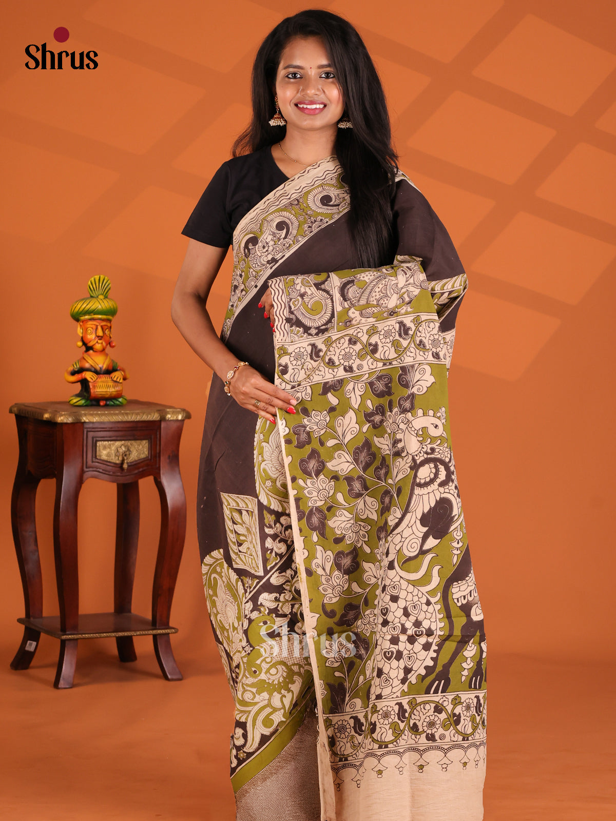 Black & Green - kalamkari-cotton Saree - Shop on Shrus.com
