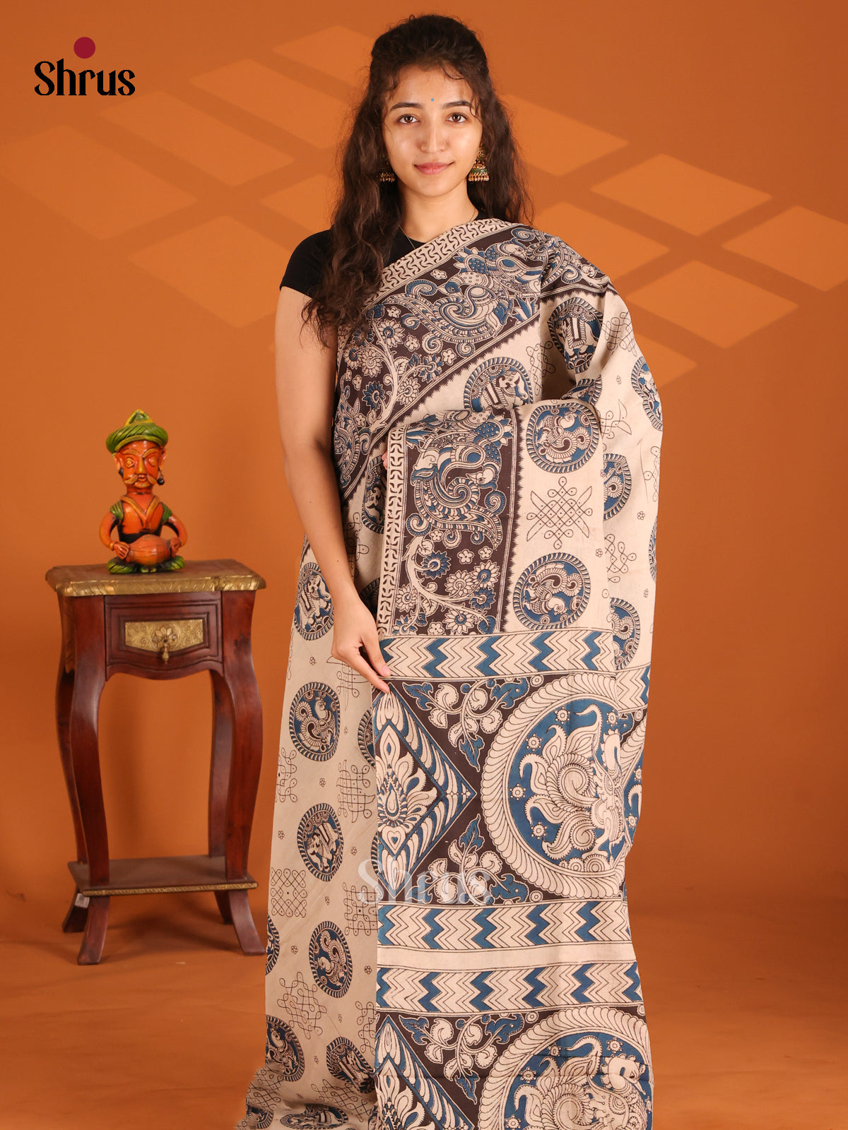 Cream & Black - Kalamkari cotton saree - Shop on Shrus.com