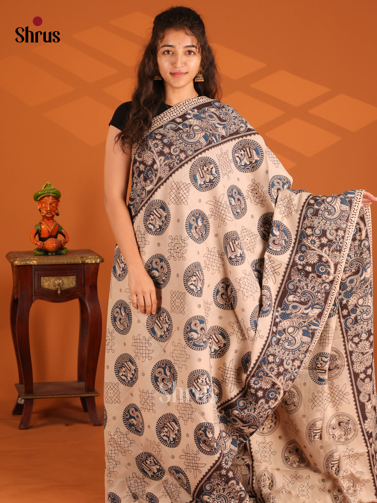Cream & Black - Kalamkari cotton saree - Shop on Shrus.com