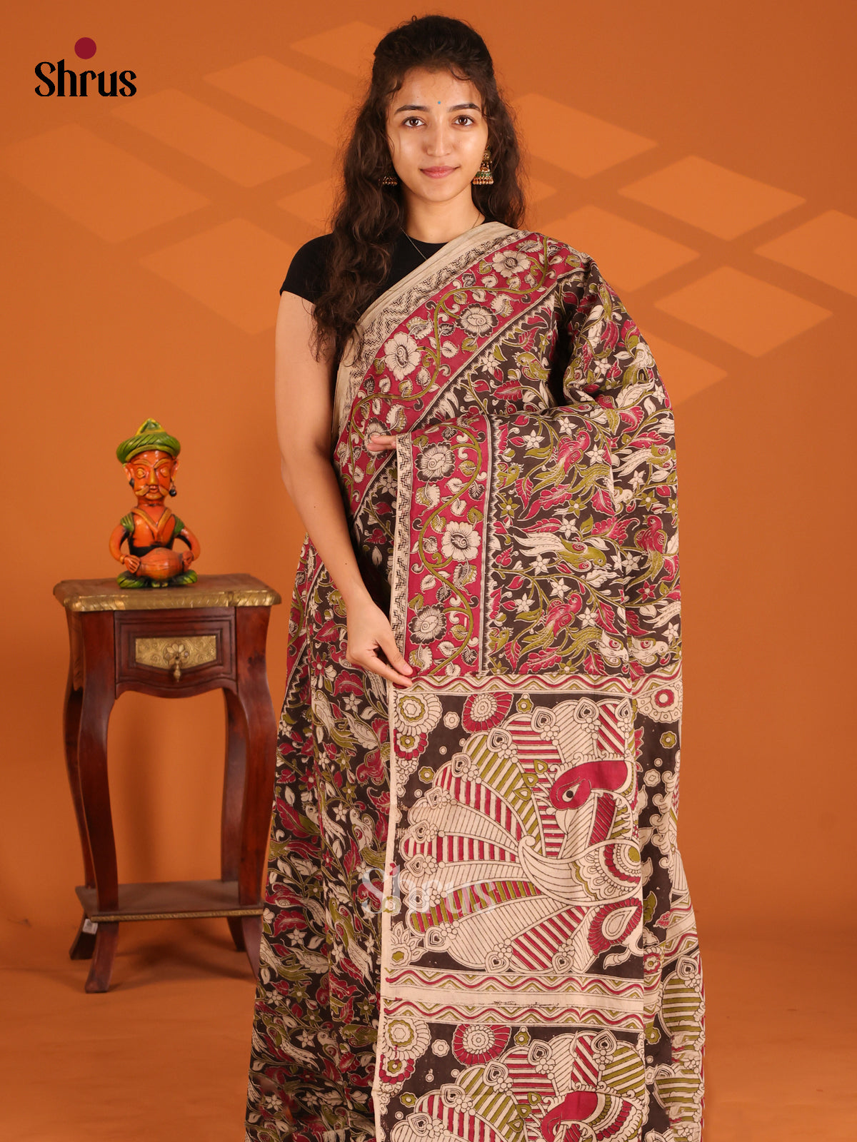 Black with Red - Kalamkari cotton saree - Shop on Shrus.com