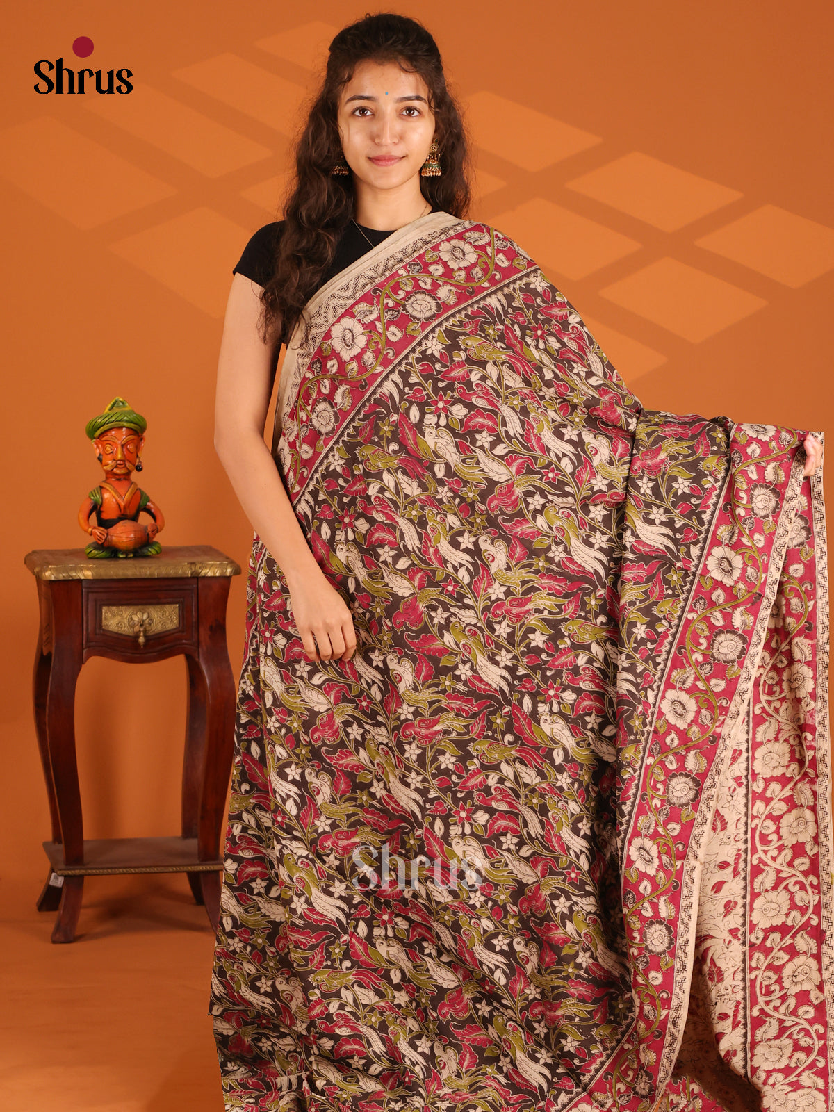 Black with Red - Kalamkari cotton saree - Shop on Shrus.com