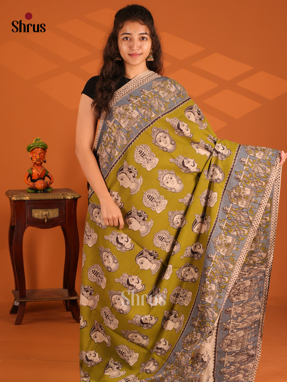 Green with Grey - Kalamkari cotton saree - Shop on Shrus.com