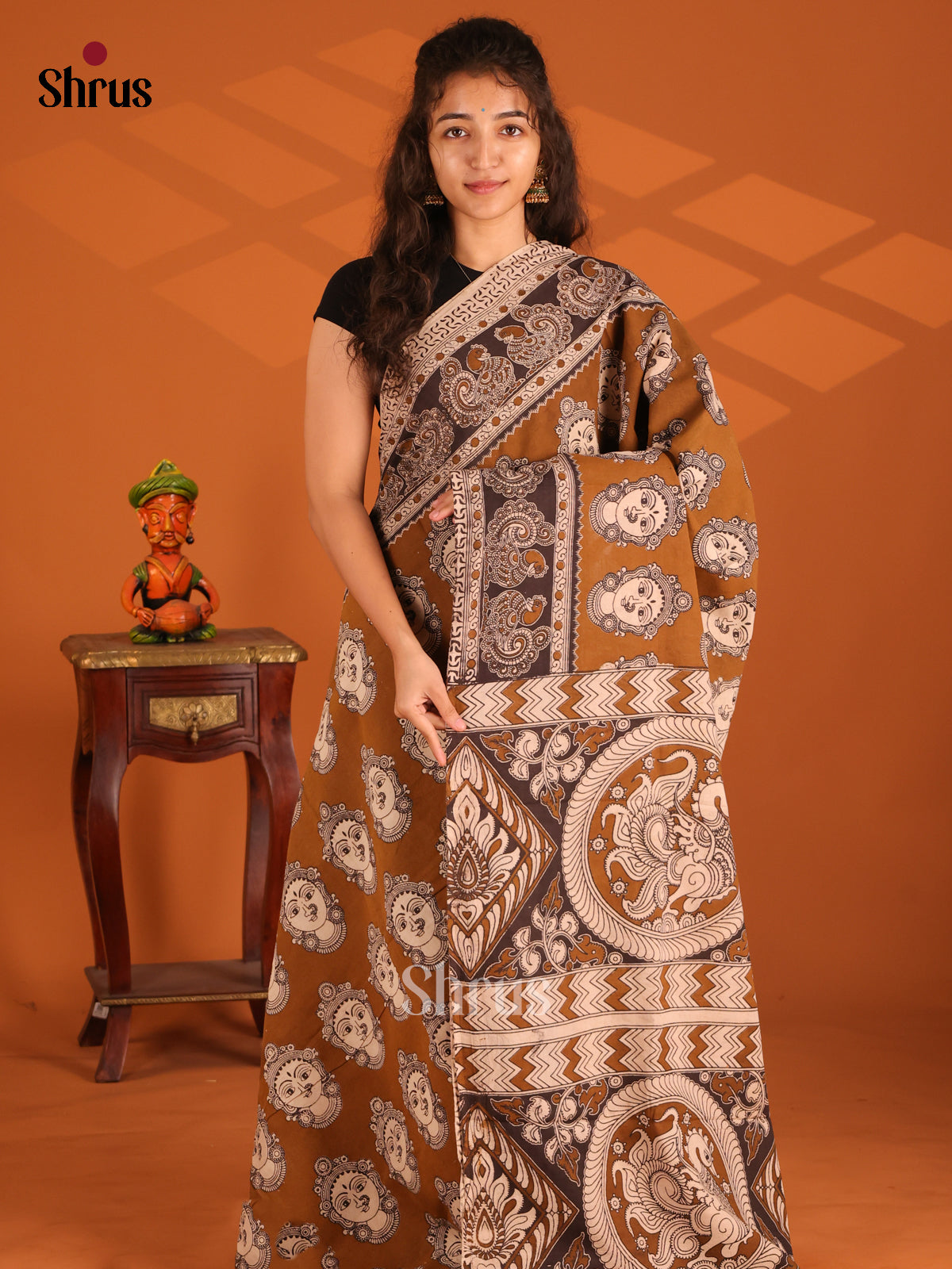 Brown with Black- Kalamkari cotton saree - Shop on Shrus.com
