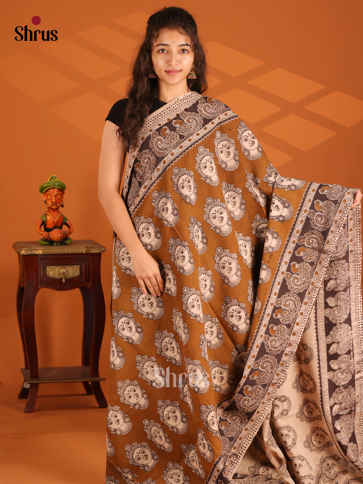 Brown with Black- Kalamkari cotton saree - Shop on Shrus.com