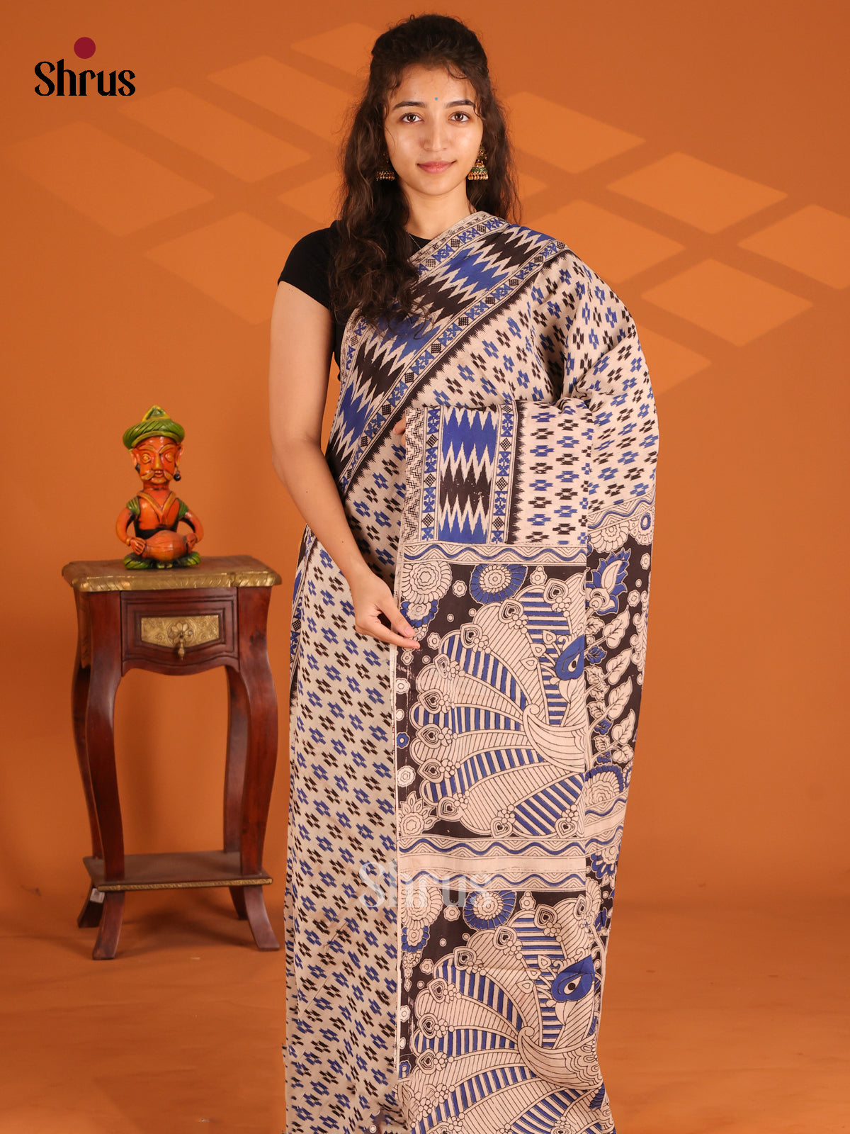 Cream & Blue - Kalamkari cotton saree - Shop on Shrus.com