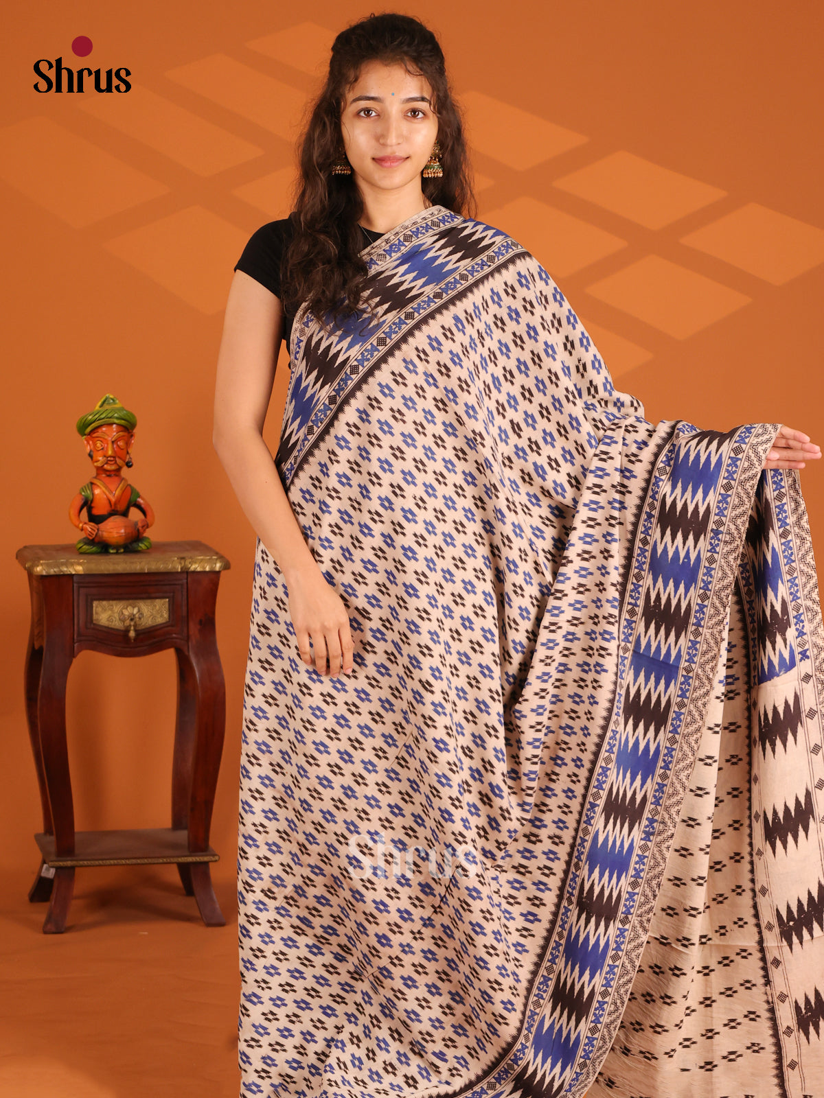 Cream & Blue - Kalamkari cotton saree - Shop on Shrus.com