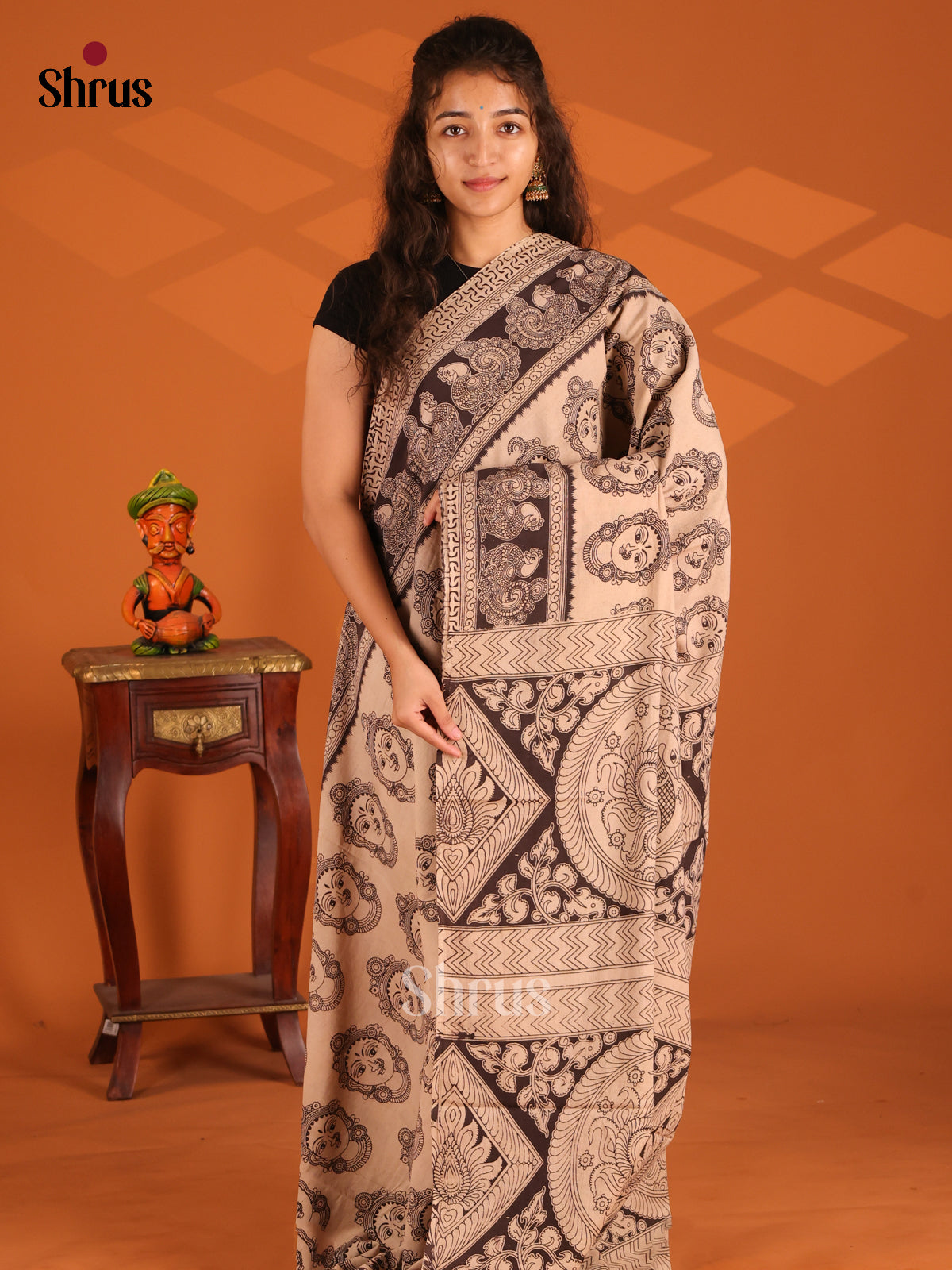 Beige & Black- Kalamkari cotton saree - Shop on Shrus.com