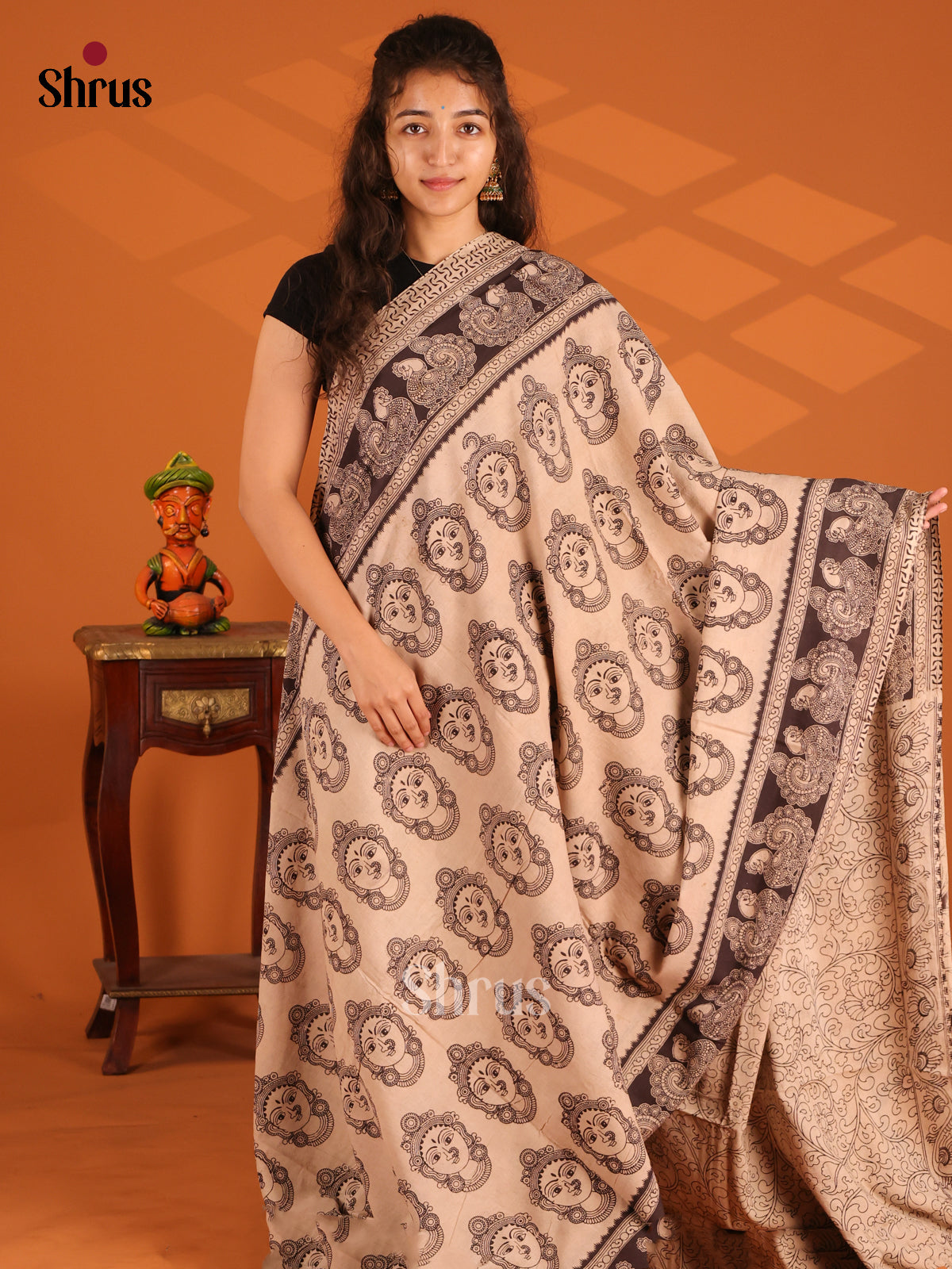 Beige & Black- Kalamkari cotton saree - Shop on Shrus.com