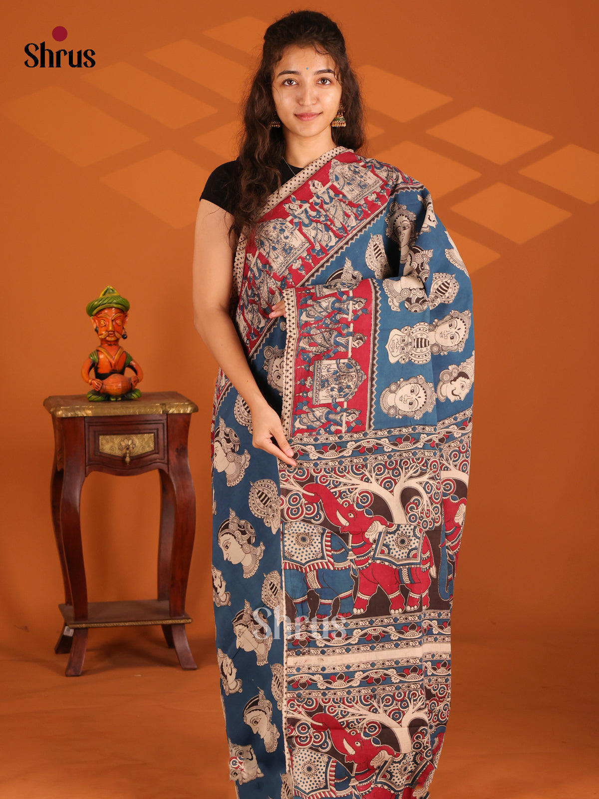 Blue & Red - Kalamkari cotton saree - Shop on Shrus.com