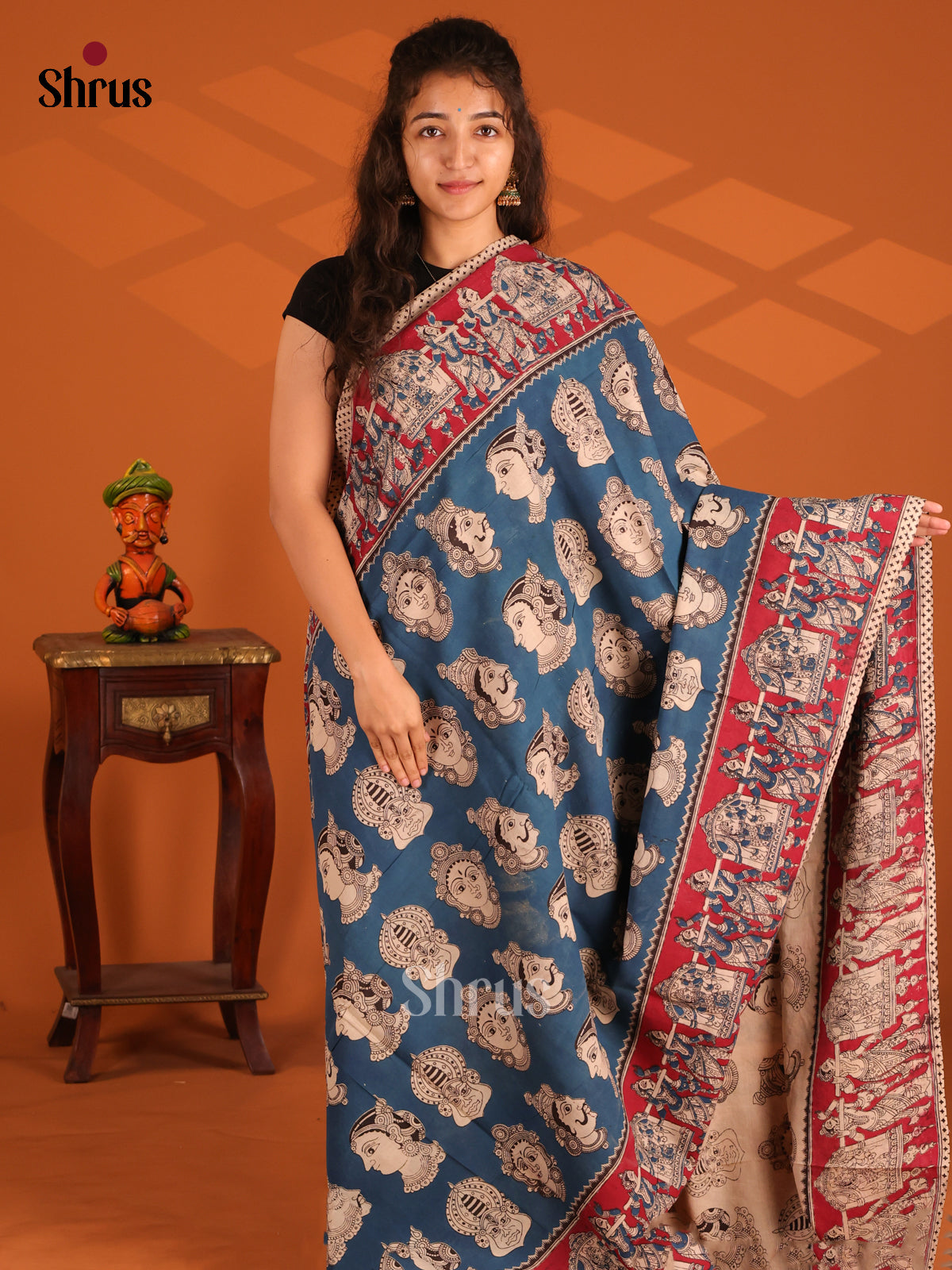 Blue & Red - Kalamkari cotton saree - Shop on Shrus.com