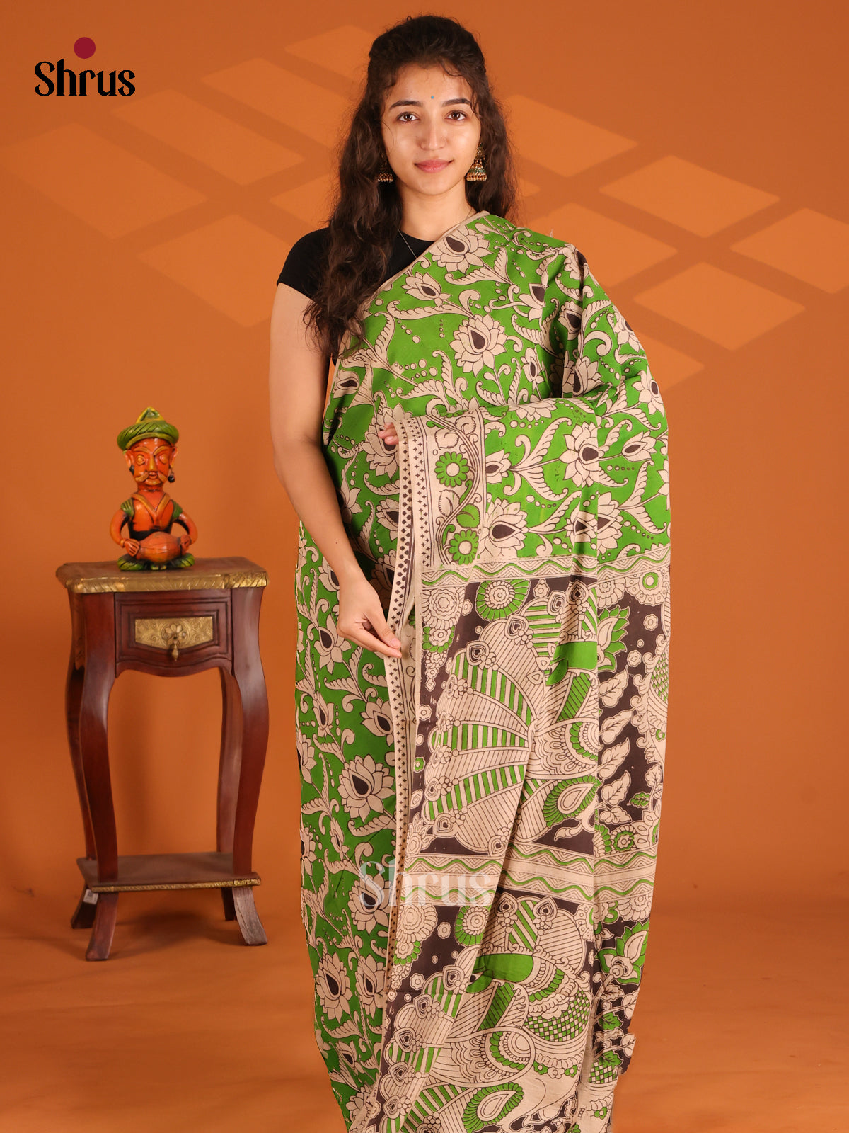 Lite Green & Black - Kalamkari cotton saree - Shop on Shrus.com