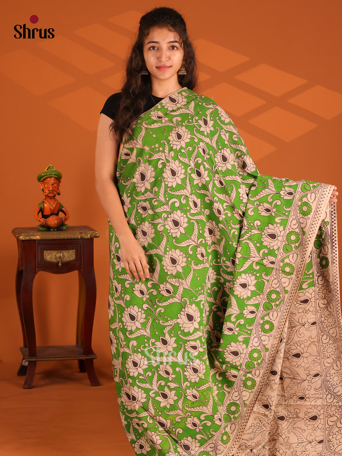 Lite Green & Black - Kalamkari cotton saree - Shop on Shrus.com