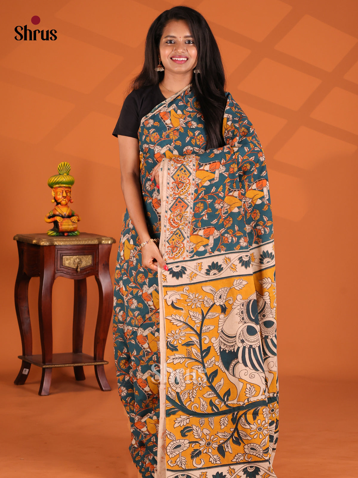 Peacock Blue & Yellow - kalamkari-cotton Saree - Shop on Shrus.com