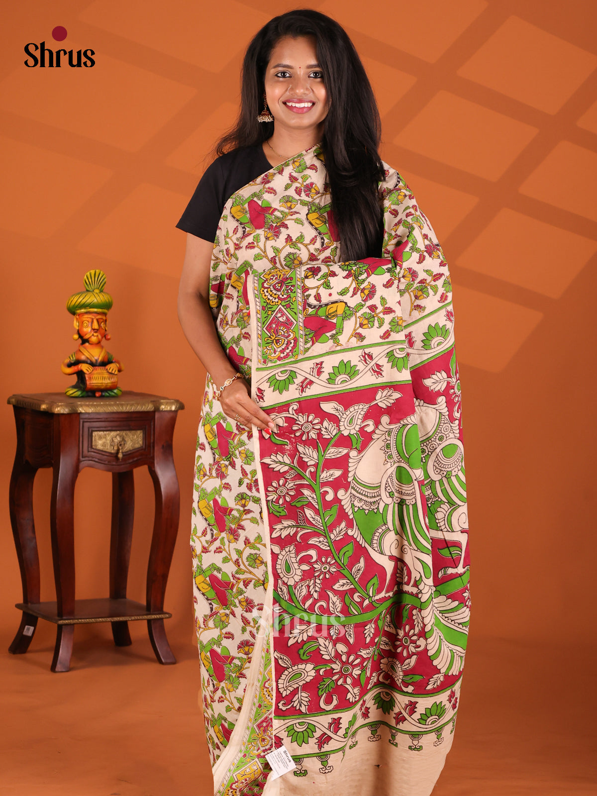 Cream & Pink- kalamkari-cotton Saree - Shop on Shrus.com