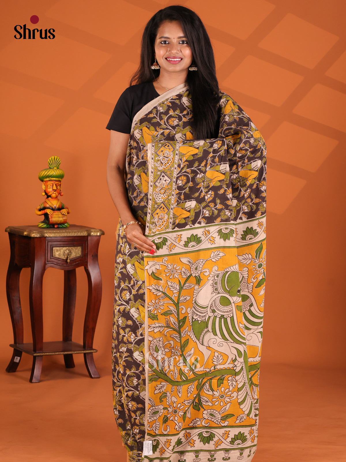 Black & Yellow - kalamkari-cotton Saree - Shop on Shrus.com