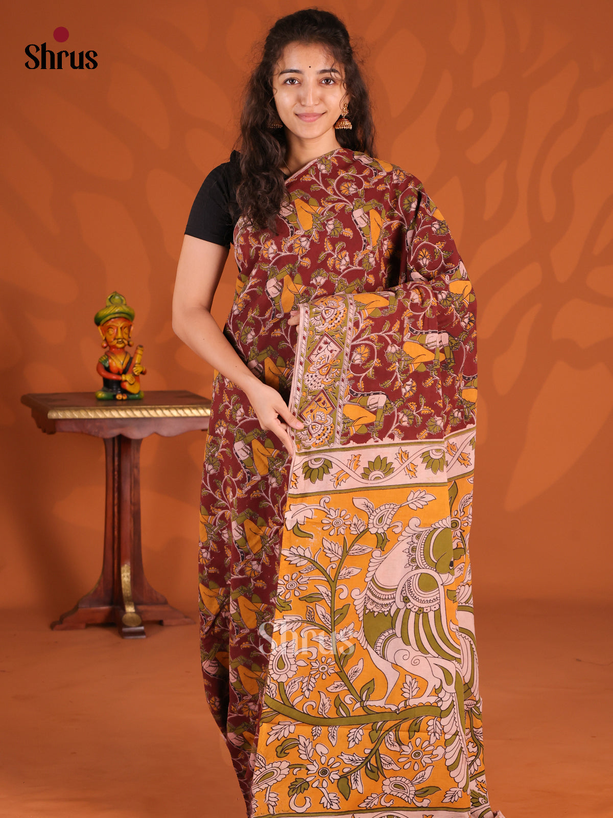Maroon & Yellow - kalamkari-cotton Saree - Shop on Shrus.com
