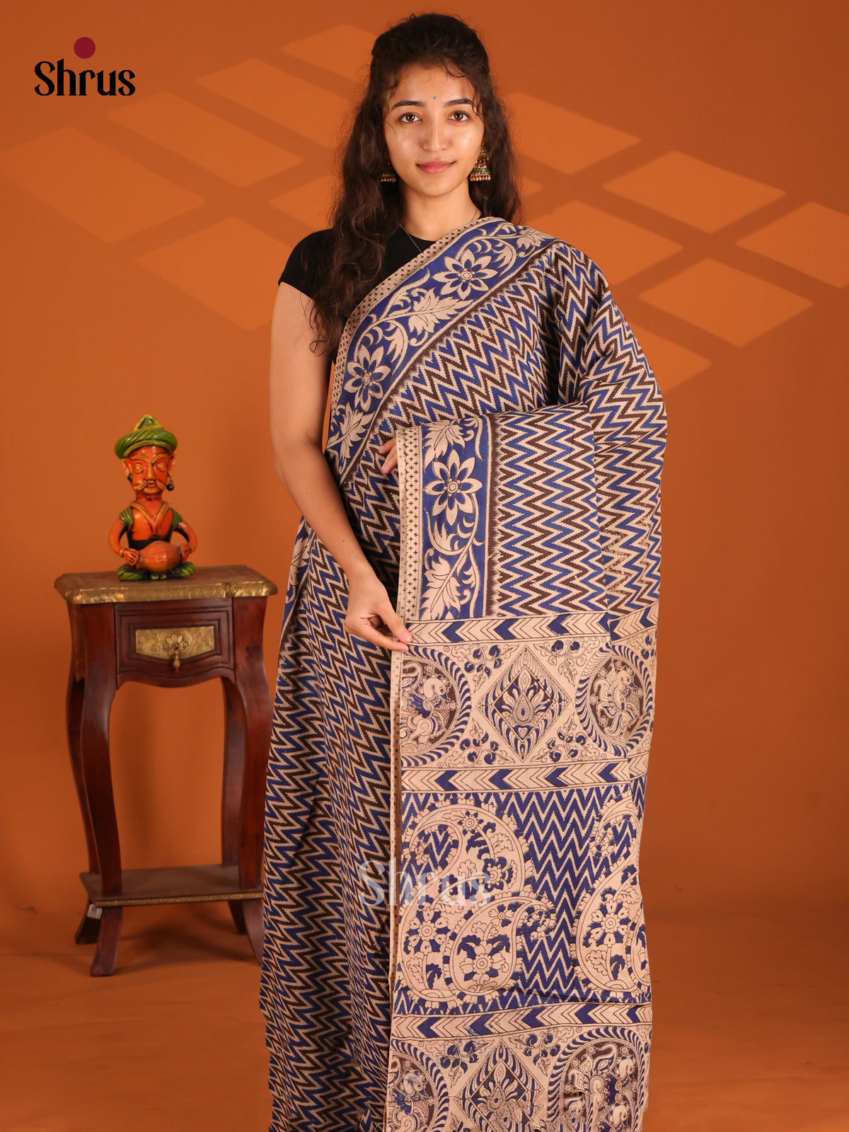 Cream & Blue - Kalamkari cotton saree - Shop on Shrus.com