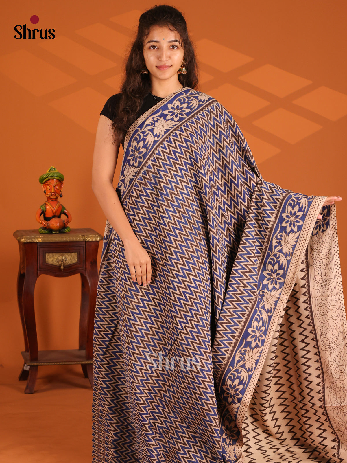 Cream & Blue - Kalamkari cotton saree - Shop on Shrus.com
