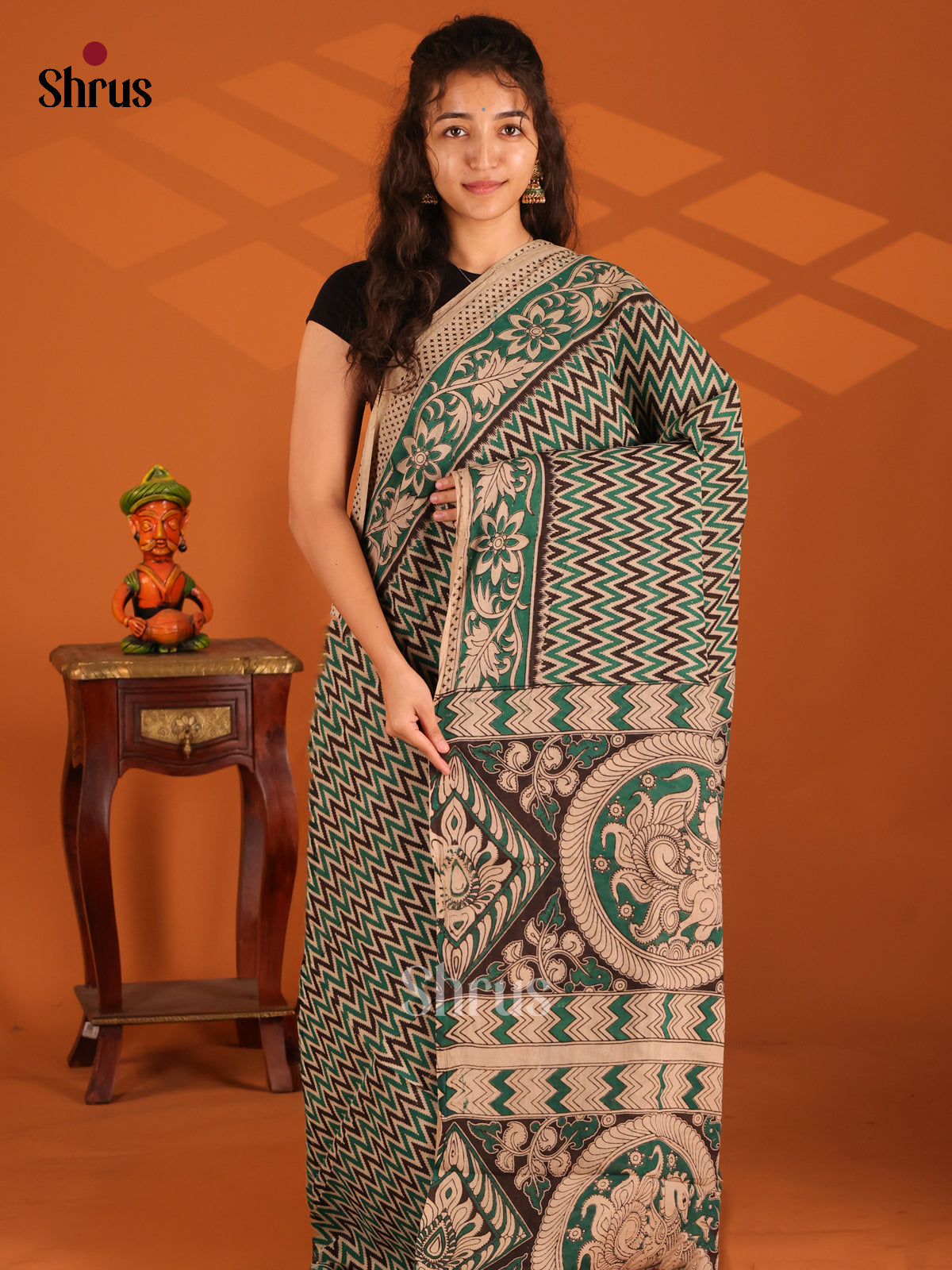 Cream & Green- Kalamkari cotton saree - Shop on Shrus.com