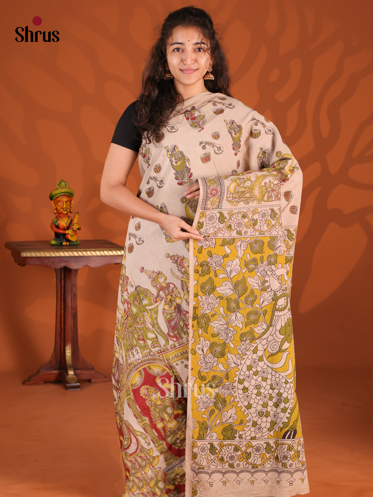 Cream & Yellow- kalamkari-cotton Saree - Shop on Shrus.com