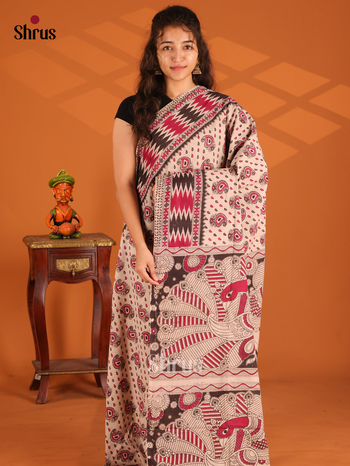 Cream & Black - Kalamkari cotton saree - Shop on Shrus.com