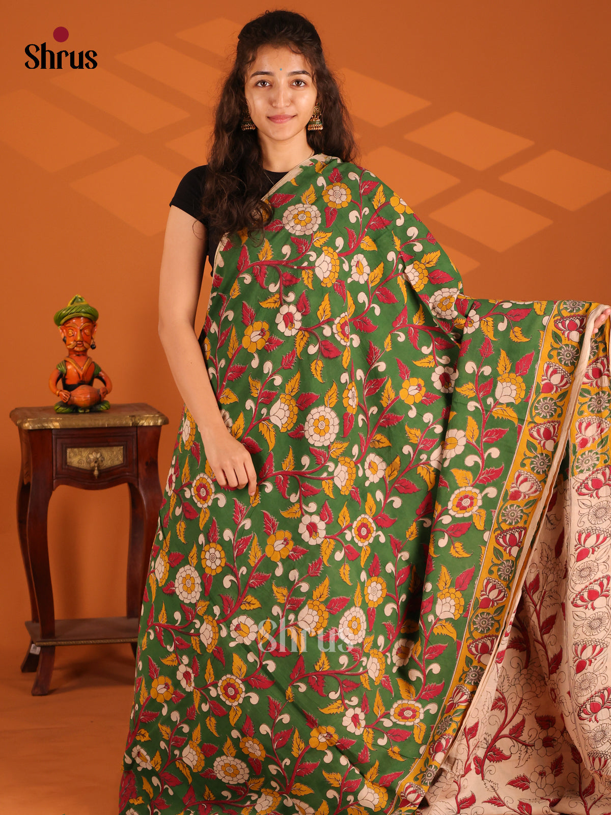 Green & Yellow - Kalamkari cotton saree - Shop on Shrus.com
