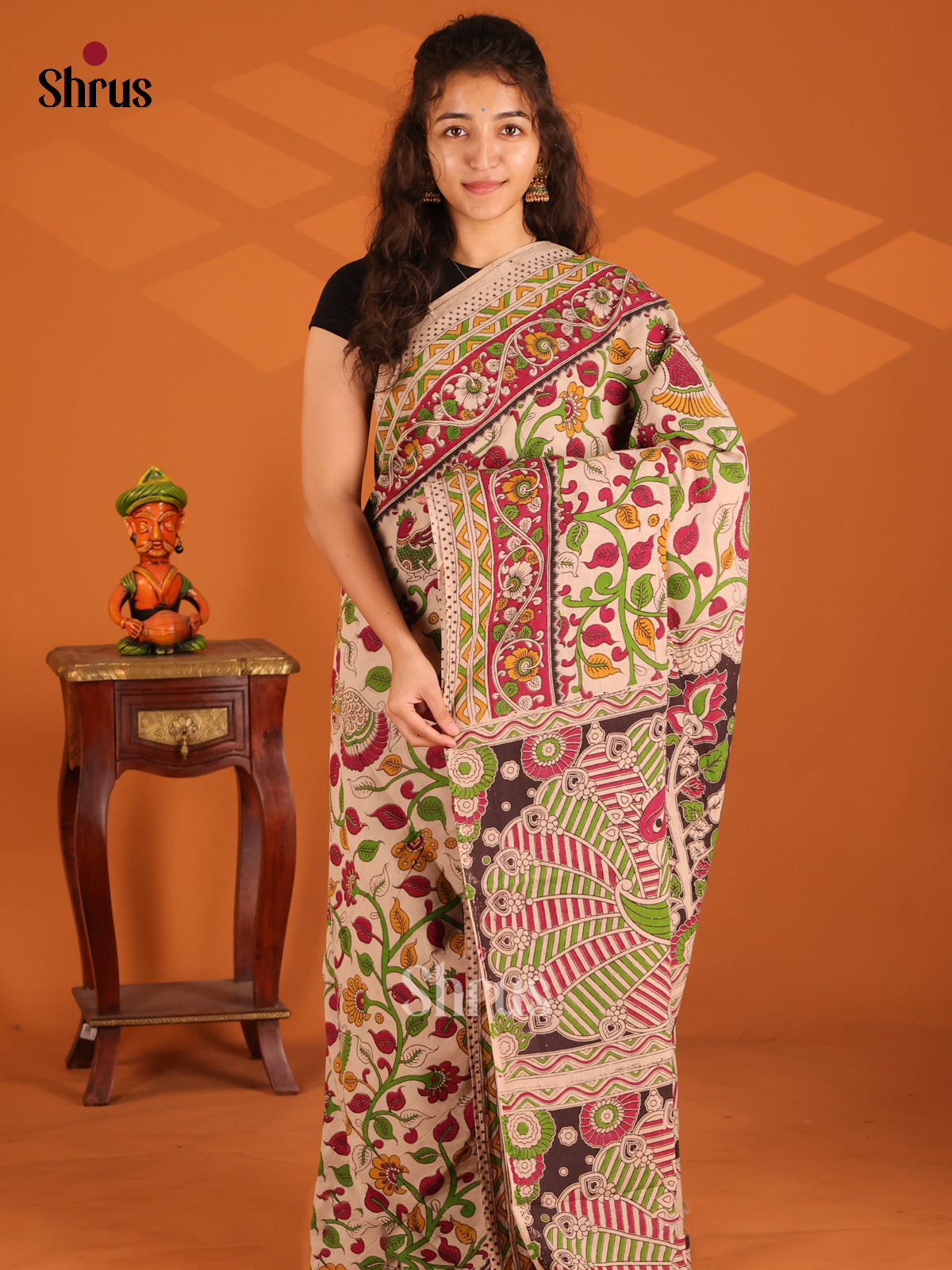 Cream & Red- Kalamkari cotton saree - Shop on Shrus.com