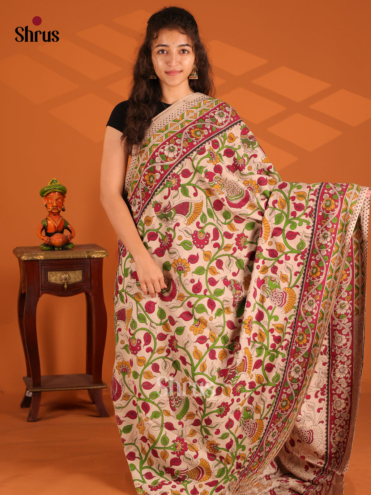 Cream & Red- Kalamkari cotton saree - Shop on Shrus.com