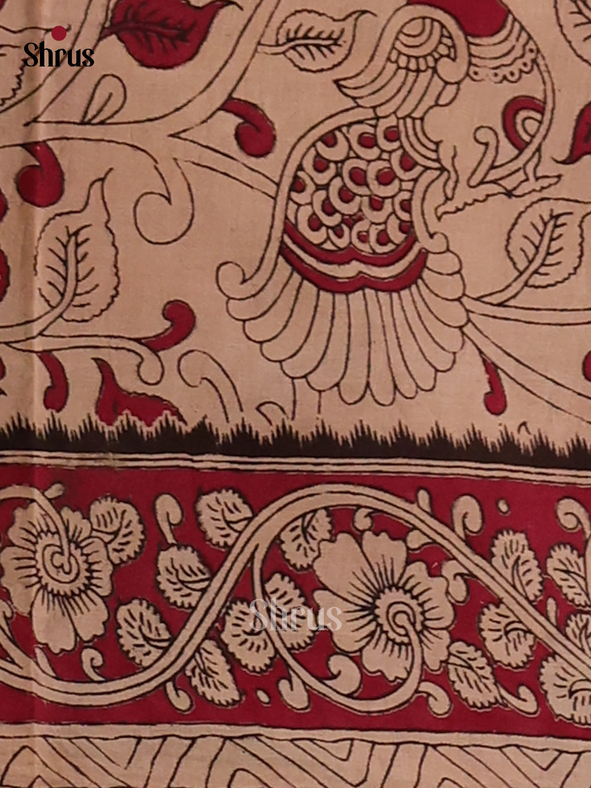 Cream & Red- Kalamkari cotton saree - Shop on Shrus.com