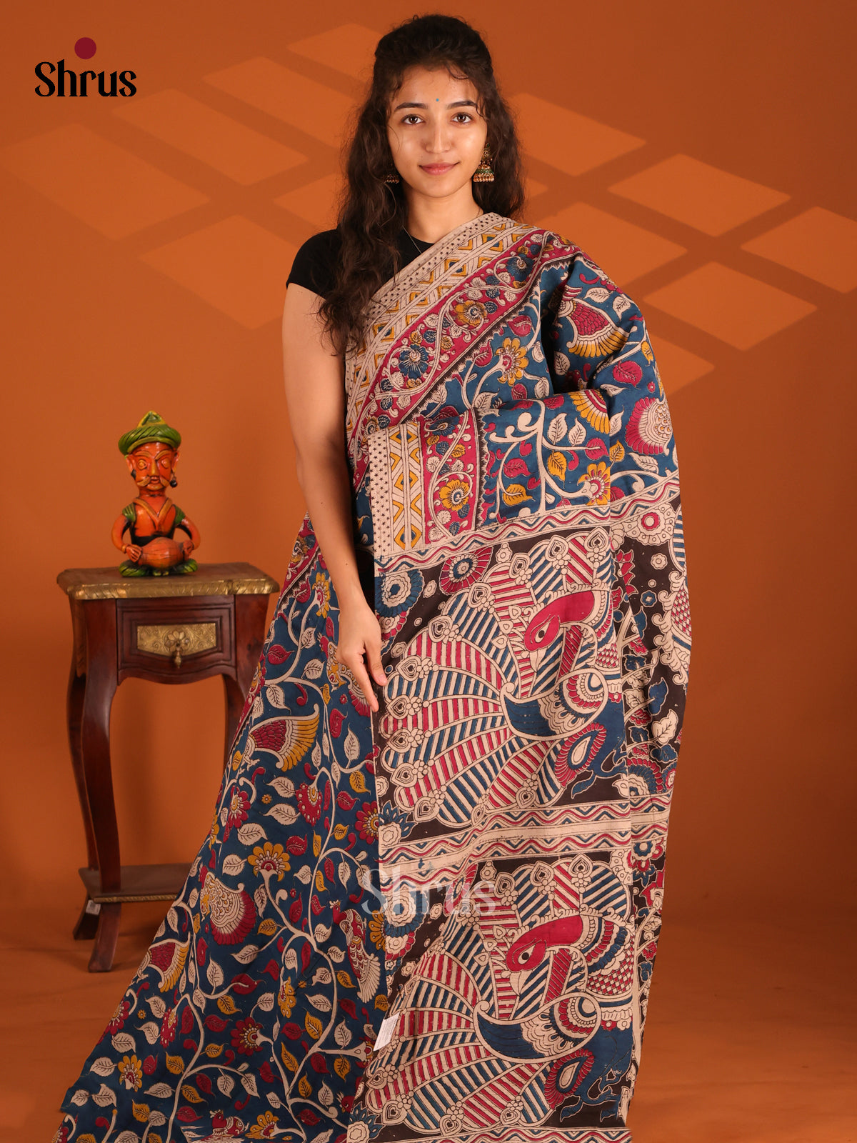 Blue & Cream - Kalamkari cotton saree - Shop on Shrus.com
