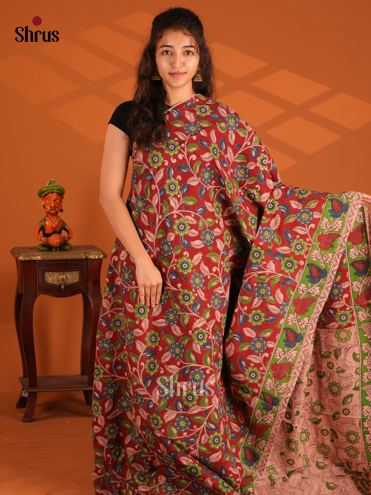 Red & Cream - Kalamkari cotton saree - Shop on Shrus.com