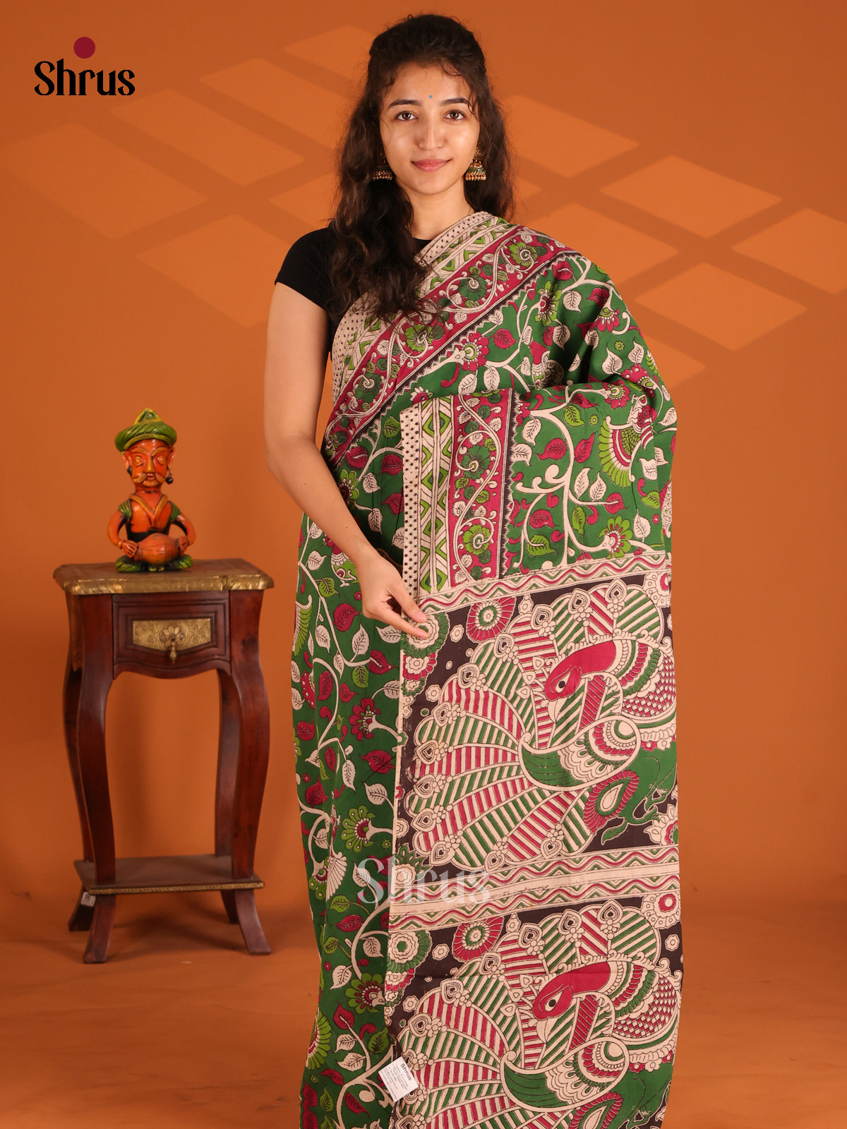 Green & Cream - Kalamkari cotton saree - Shop on Shrus.com