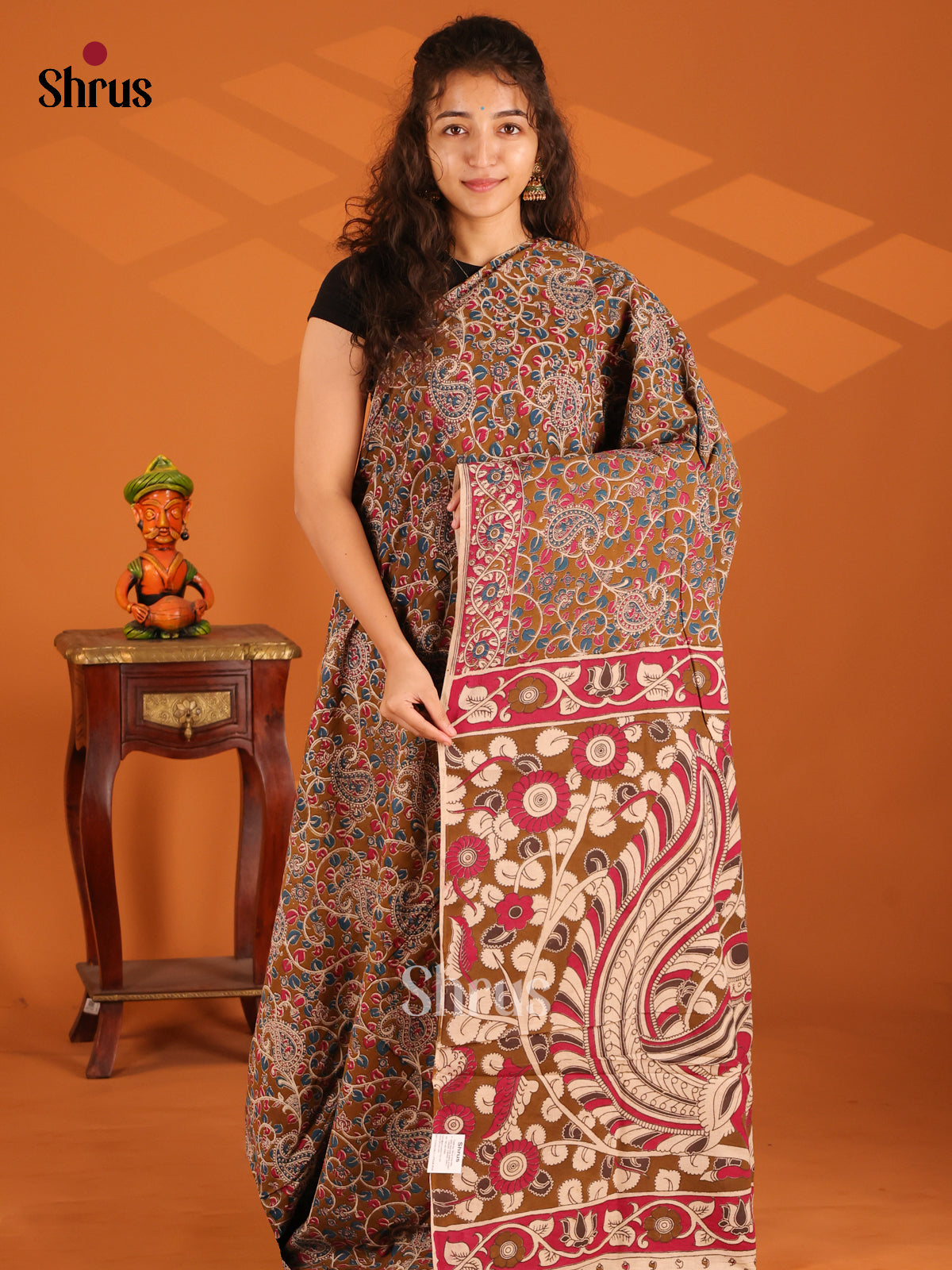 Dark Brown & Cream - Kalamkari cotton saree - Shop on Shrus.com