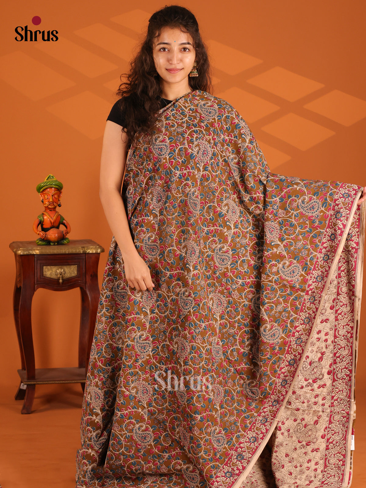 Dark Brown & Cream - Kalamkari cotton saree - Shop on Shrus.com