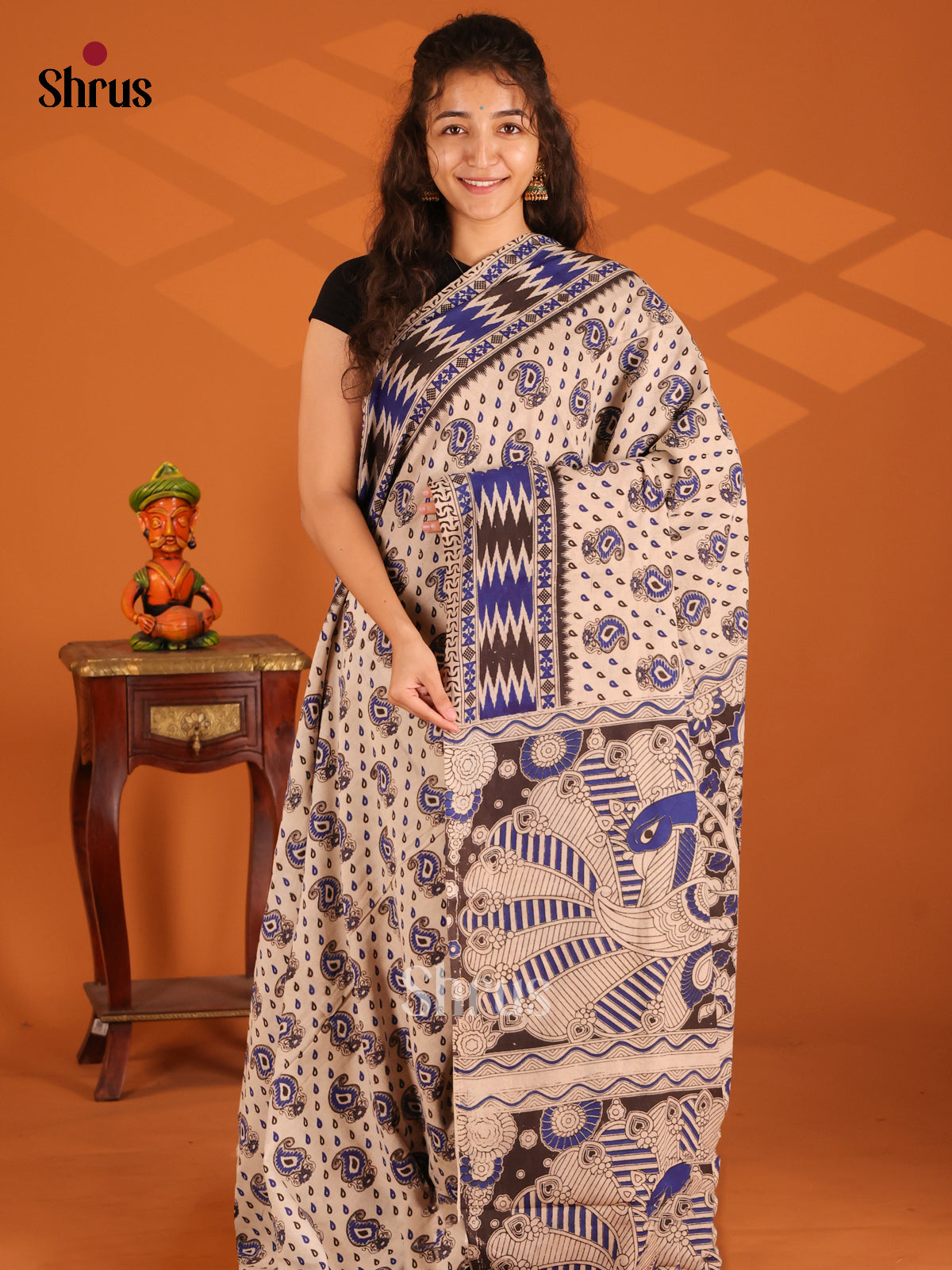 Cream & Blue- Kalamkari cotton saree - Shop on Shrus.com