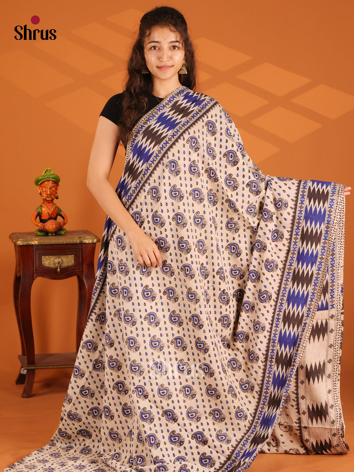 Cream & Blue- Kalamkari cotton saree - Shop on Shrus.com