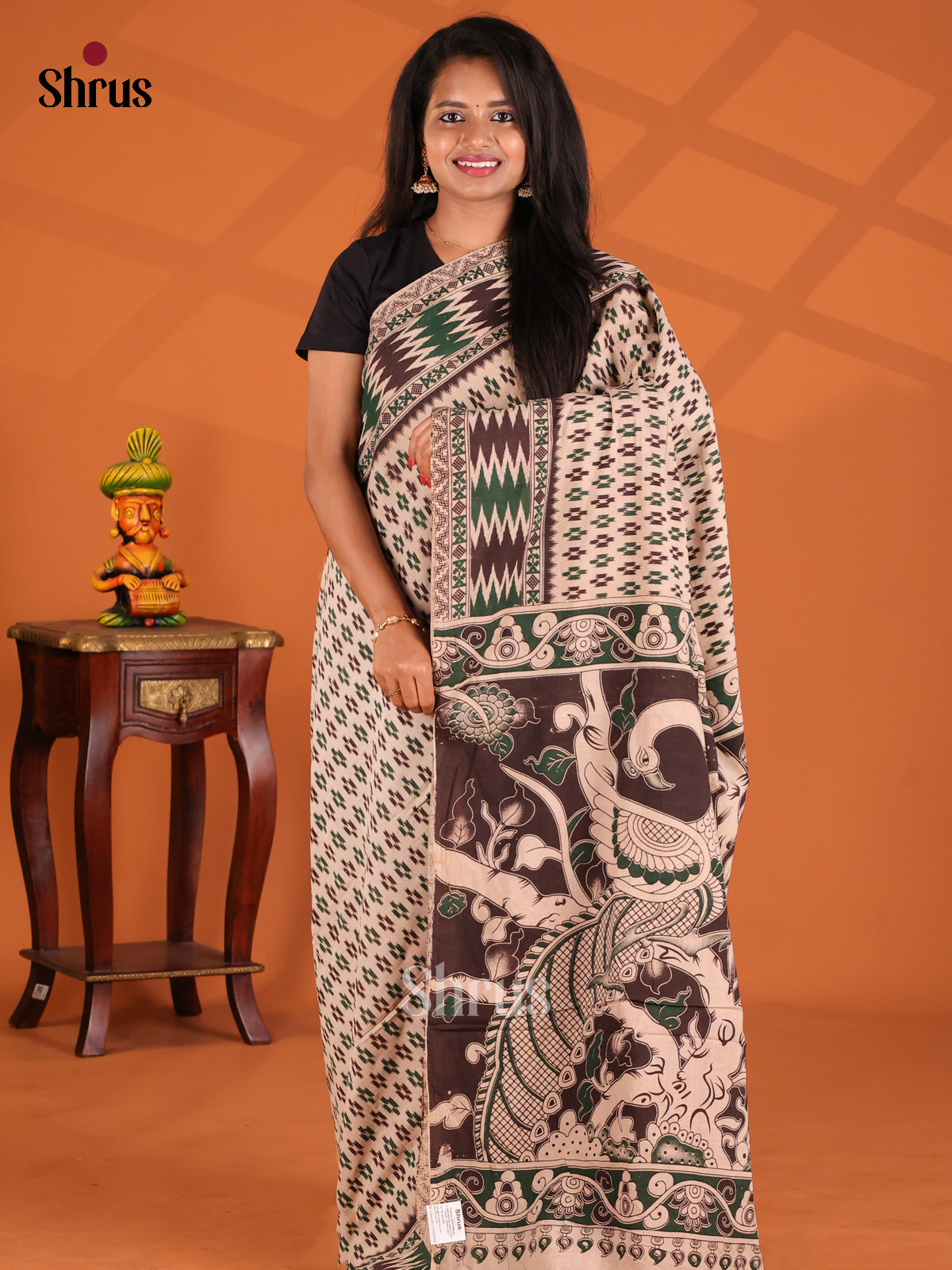 Cream & Black - kalamkari-cotton Saree - Shop on Shrus.com