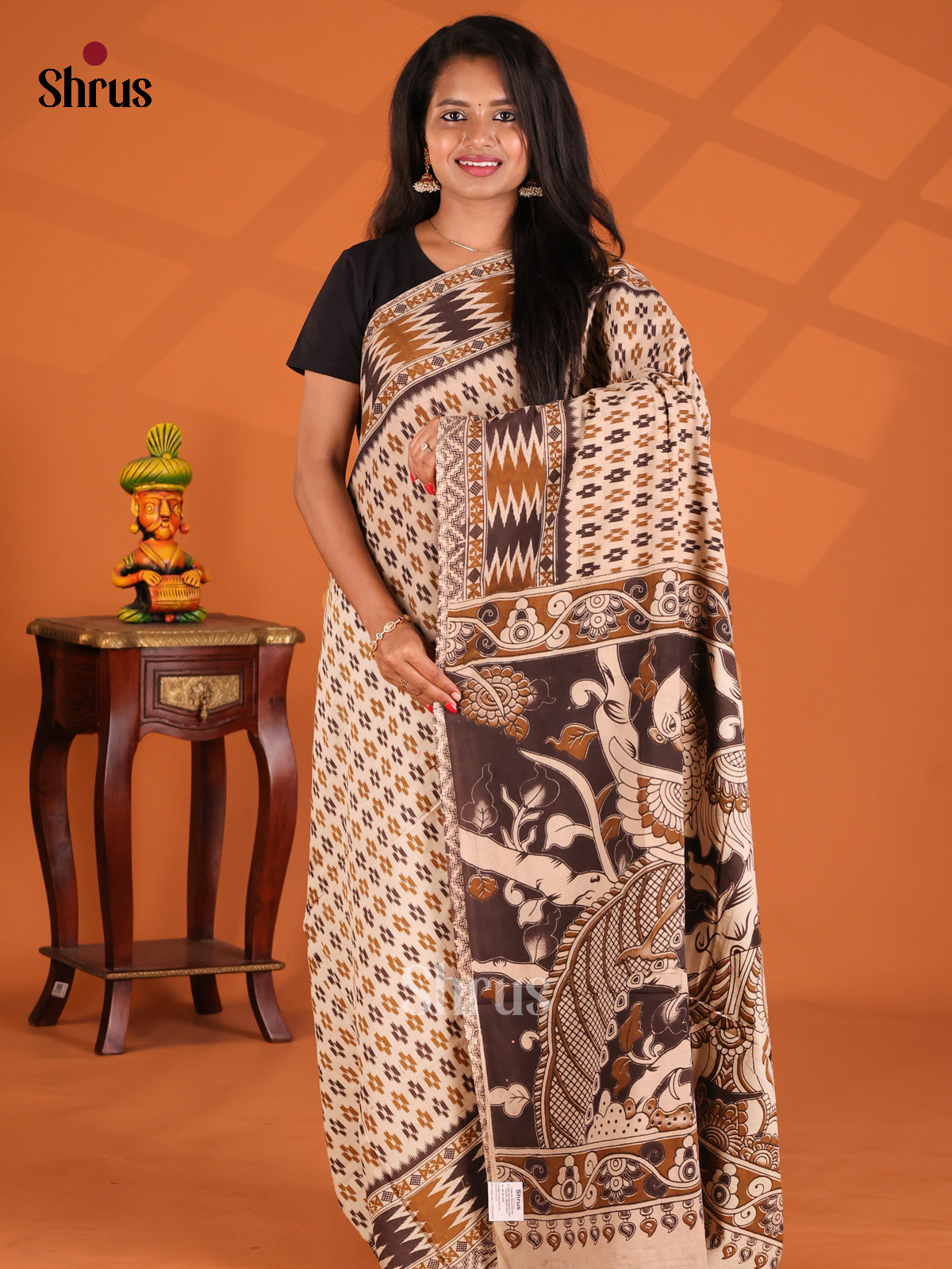 Cream & Black - kalamkari-cotton Saree - Shop on Shrus.com