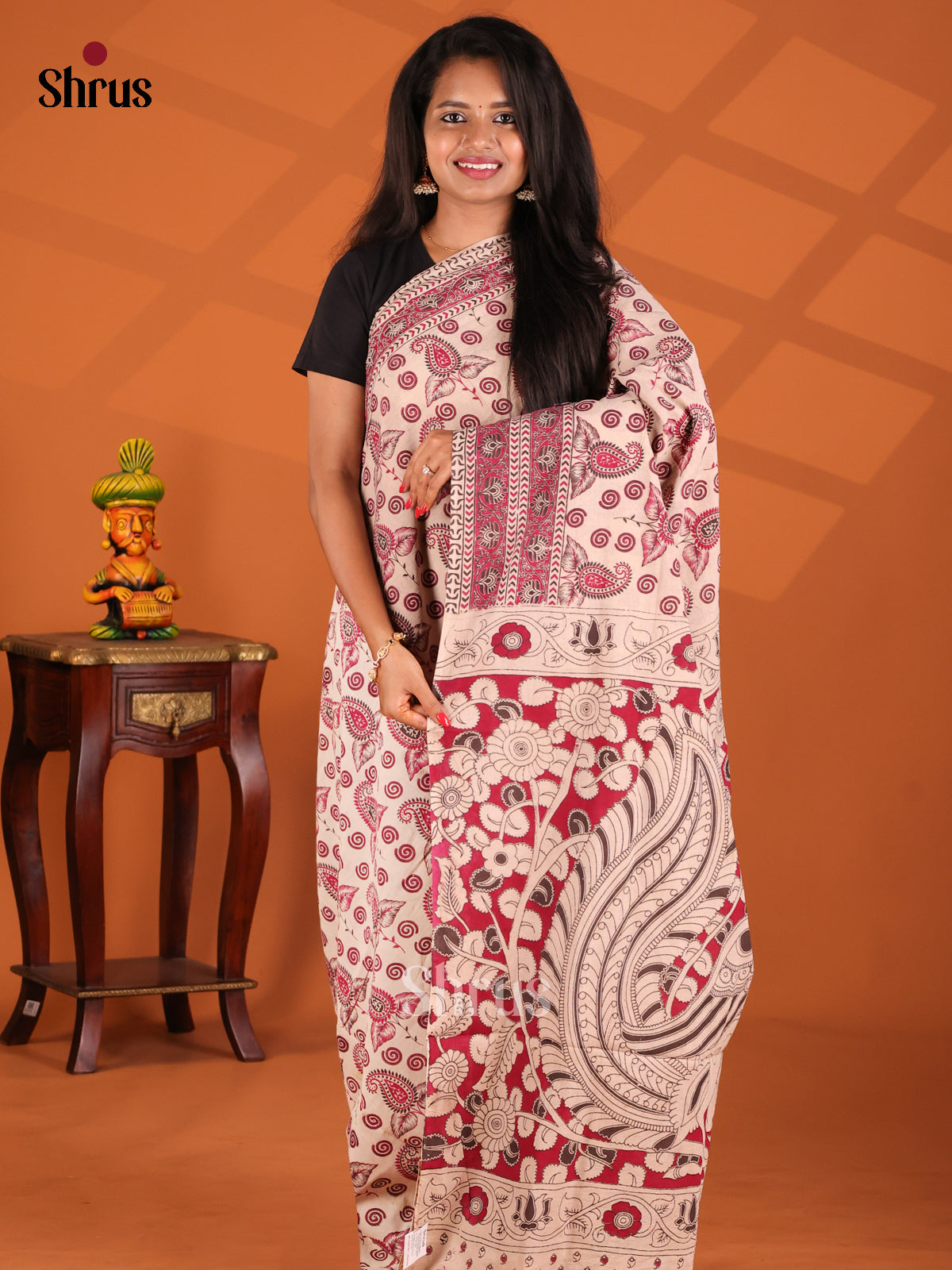 Cream & Pink - kalamkari-cotton Saree - Shop on Shrus.com