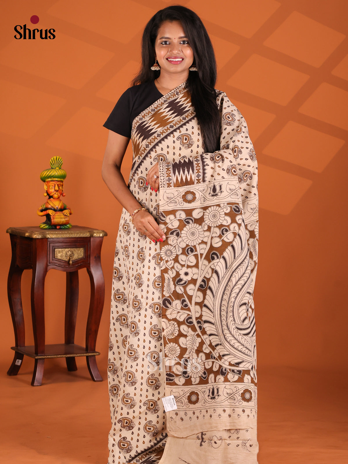 Cream & Black - kalamkari-cotton Saree - Shop on Shrus.com